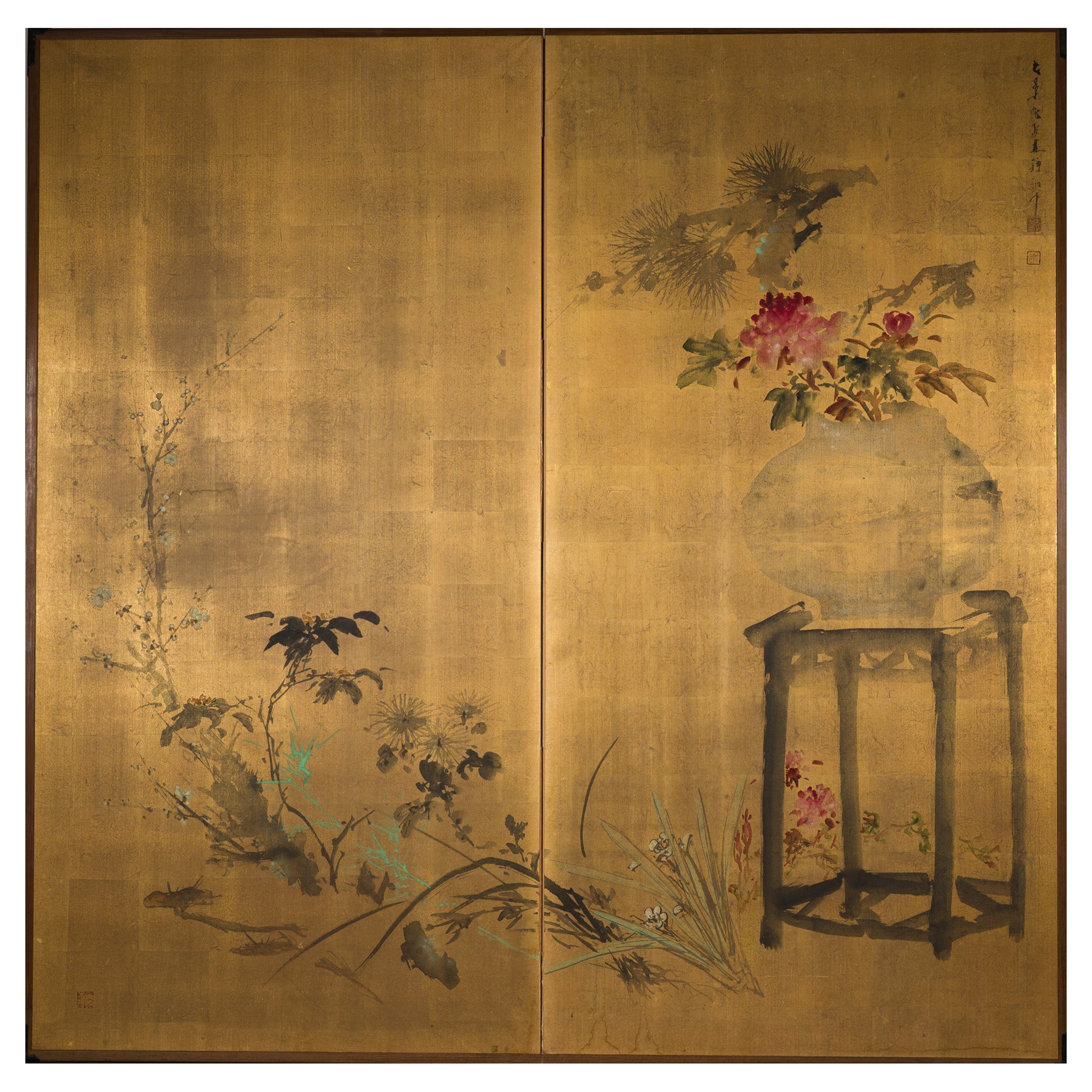 Biombo Japonés de Dos Paneles: Ikebana 'Arreglo floral