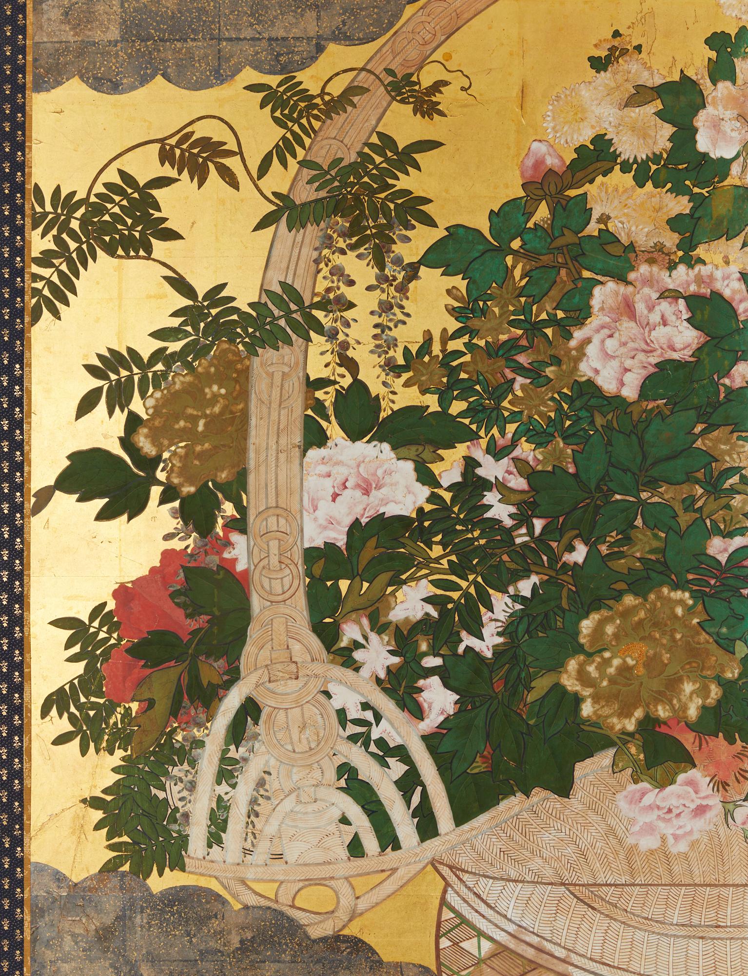 Biombo Japonés de Dos Paneles: Ikebana siglo XIX en venta