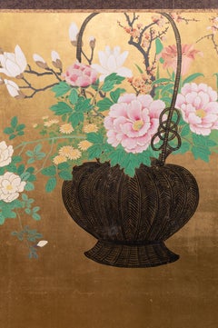 Japanese Two-Panel Screen Ikebana on Gold