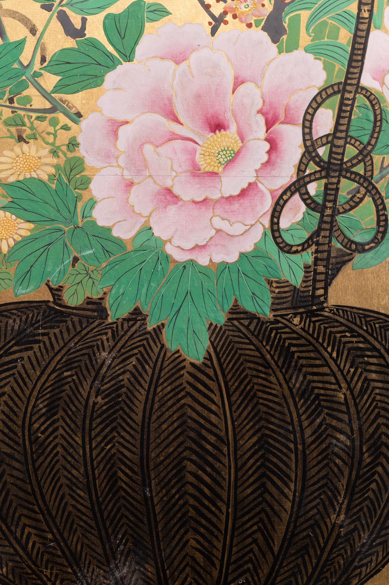 Meiji Paravent japonais à deux panneaux Ikebana sur or en vente