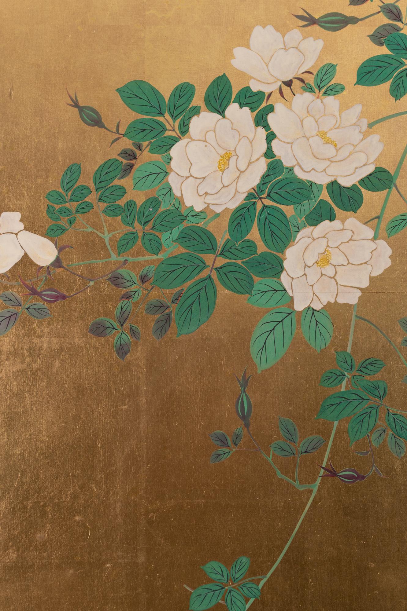 19th Century Japanese Two-Panel Screen Ikebana on Gold For Sale