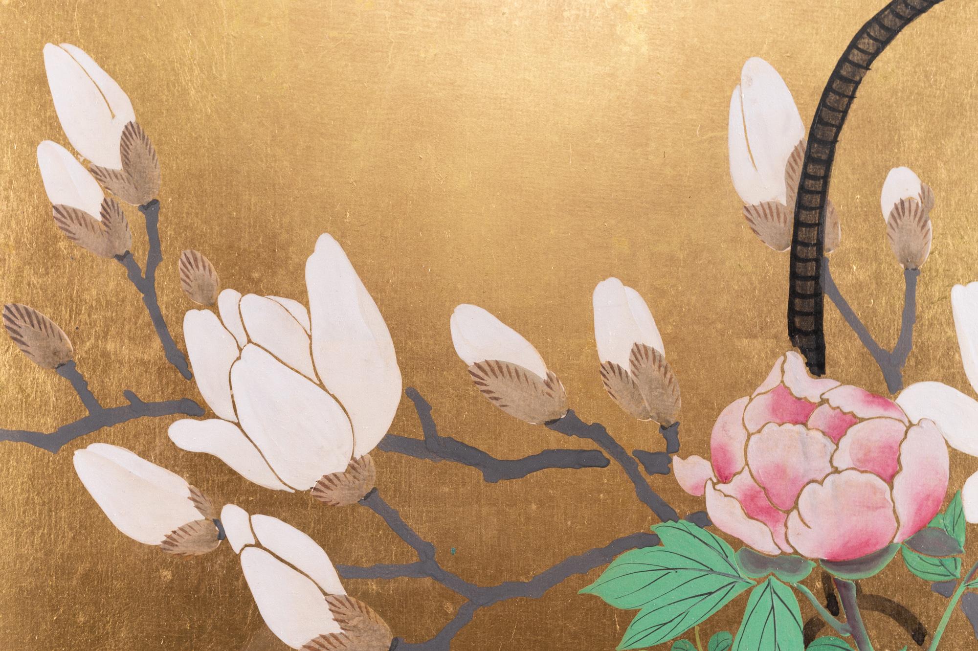 Silk Japanese Two-Panel Screen Ikebana on Gold For Sale
