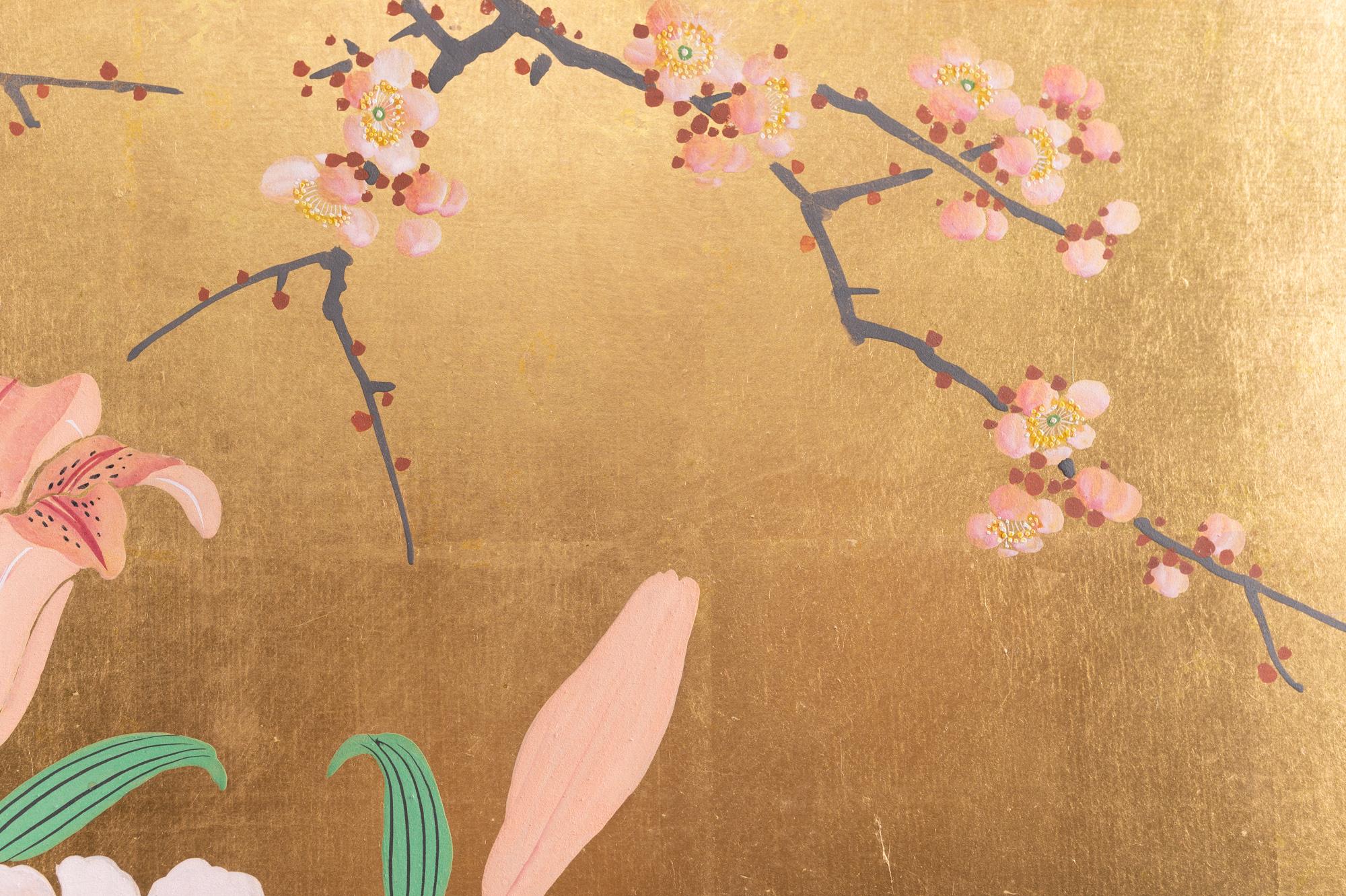Paravent japonais à deux panneaux Ikebana sur or en vente 2