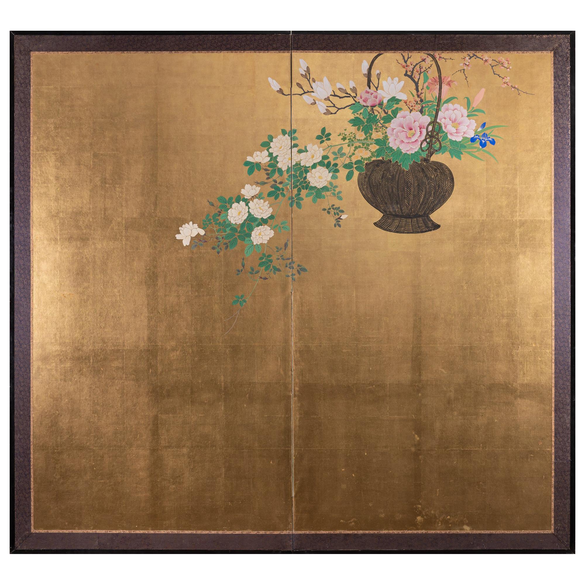 Japanese Two-Panel Screen Ikebana on Gold For Sale