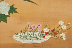 Japanese Two Panel Screen: Ikibana (Flower Arranging) in Progress