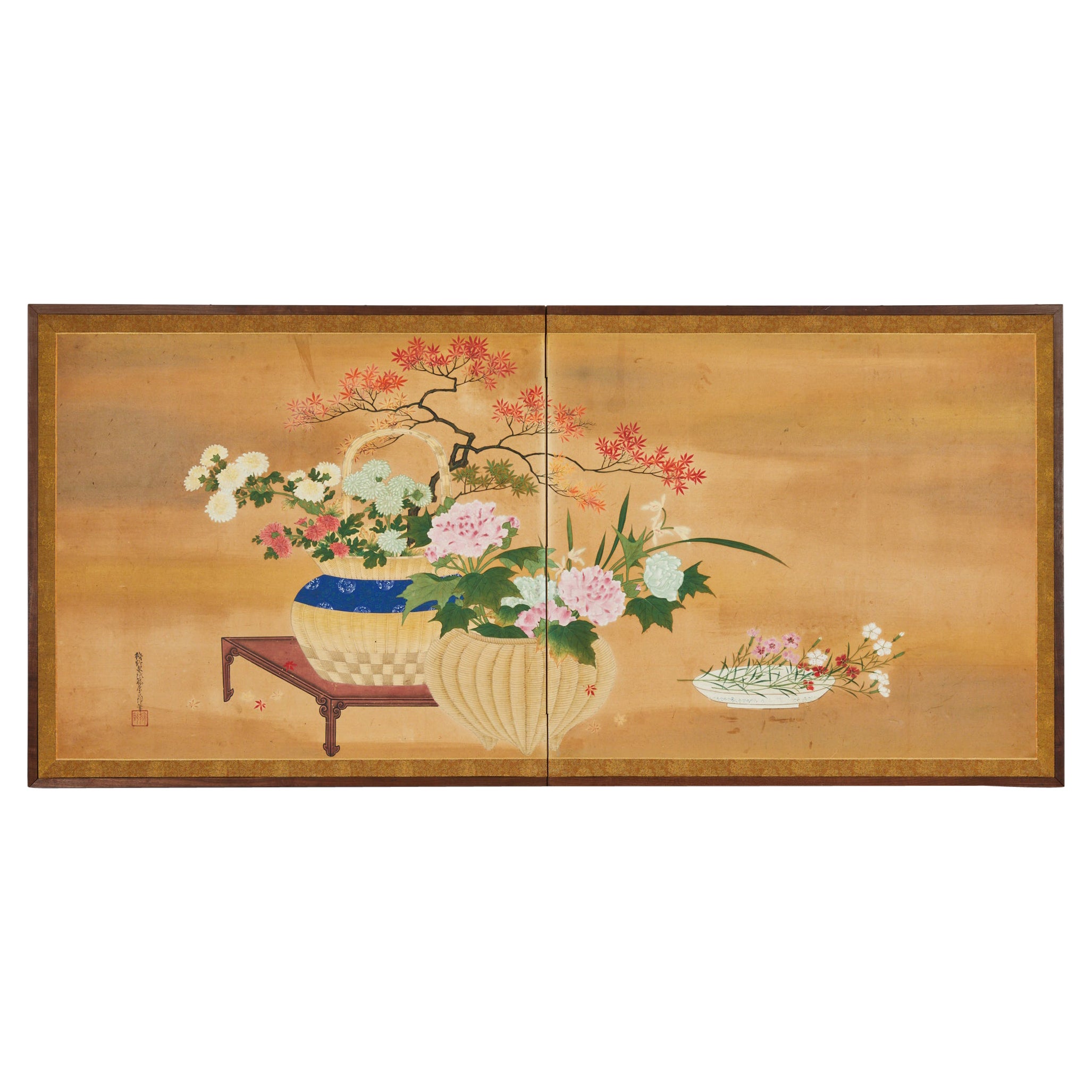 Japanese Two Panel Screen: Ikibana (Flower Arranging) in Progress For Sale