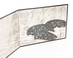 Japanese Two Panel Screen in Silver with Willow Leaf, Stream and Rocks Design