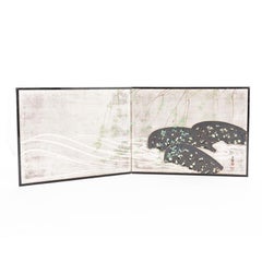 Japanese Two Panel Screen in Silver with Willow Leaf, Stream and Rocks Design