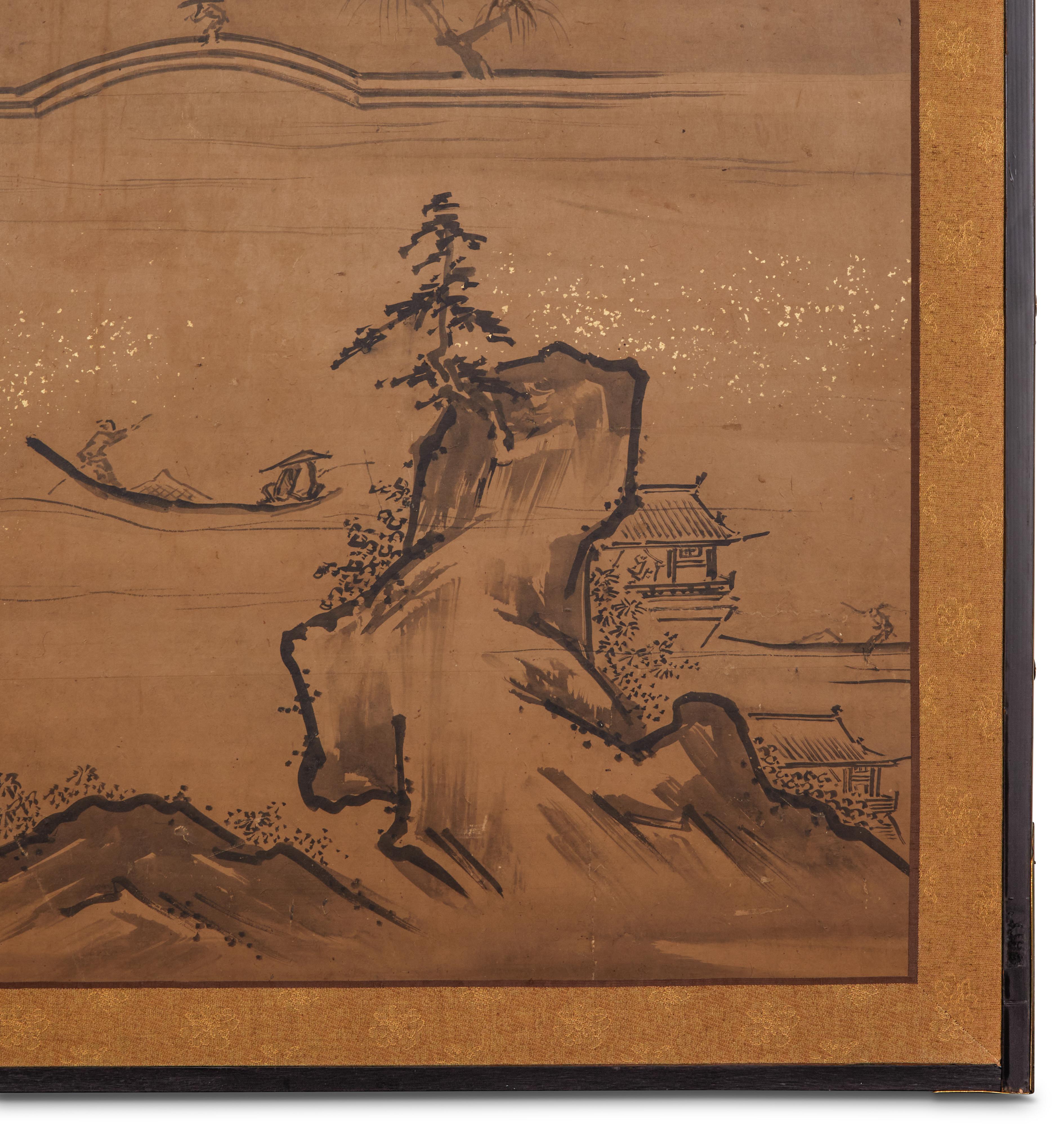 Japanese Two Panel Screen, Ink Landscape on Paper with Gold Dust For Sale 1