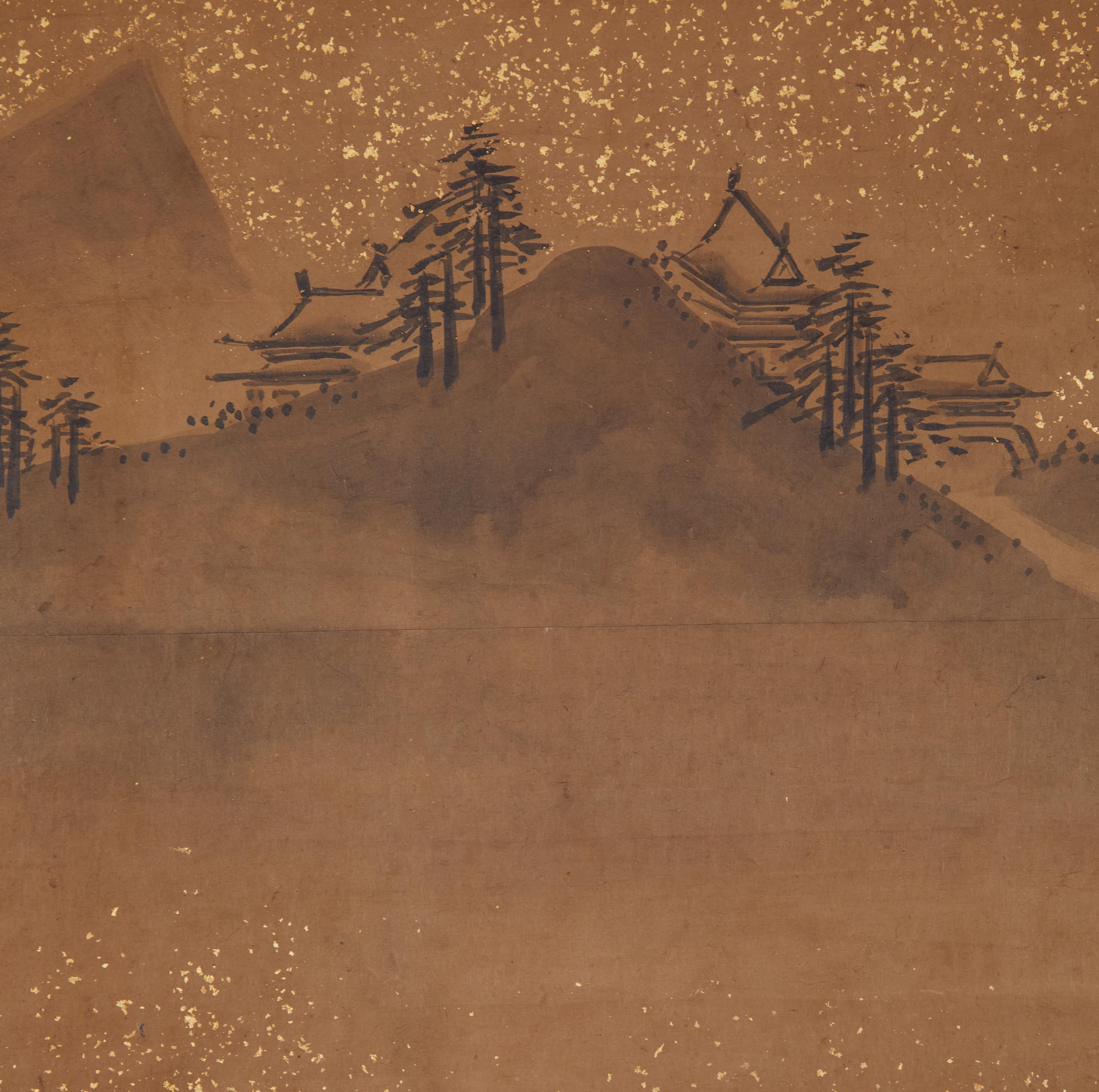 Sesshu-style painting in ink on mulberry paper with gold dust accents and a silk brocade border.