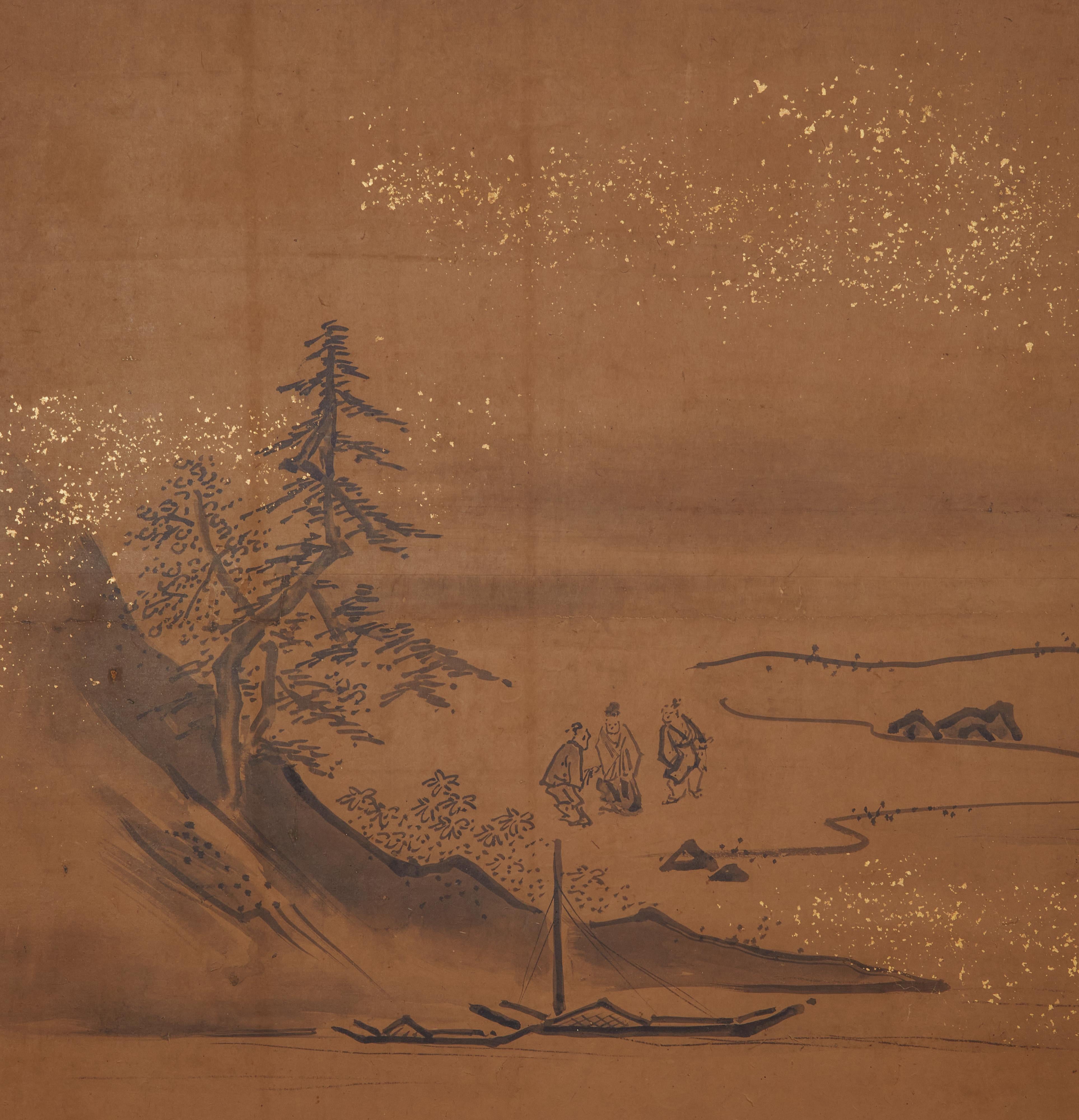 Japanese Two Panel Screen, Ink Landscape on Paper with Gold Dust In Good Condition For Sale In Hudson, NY