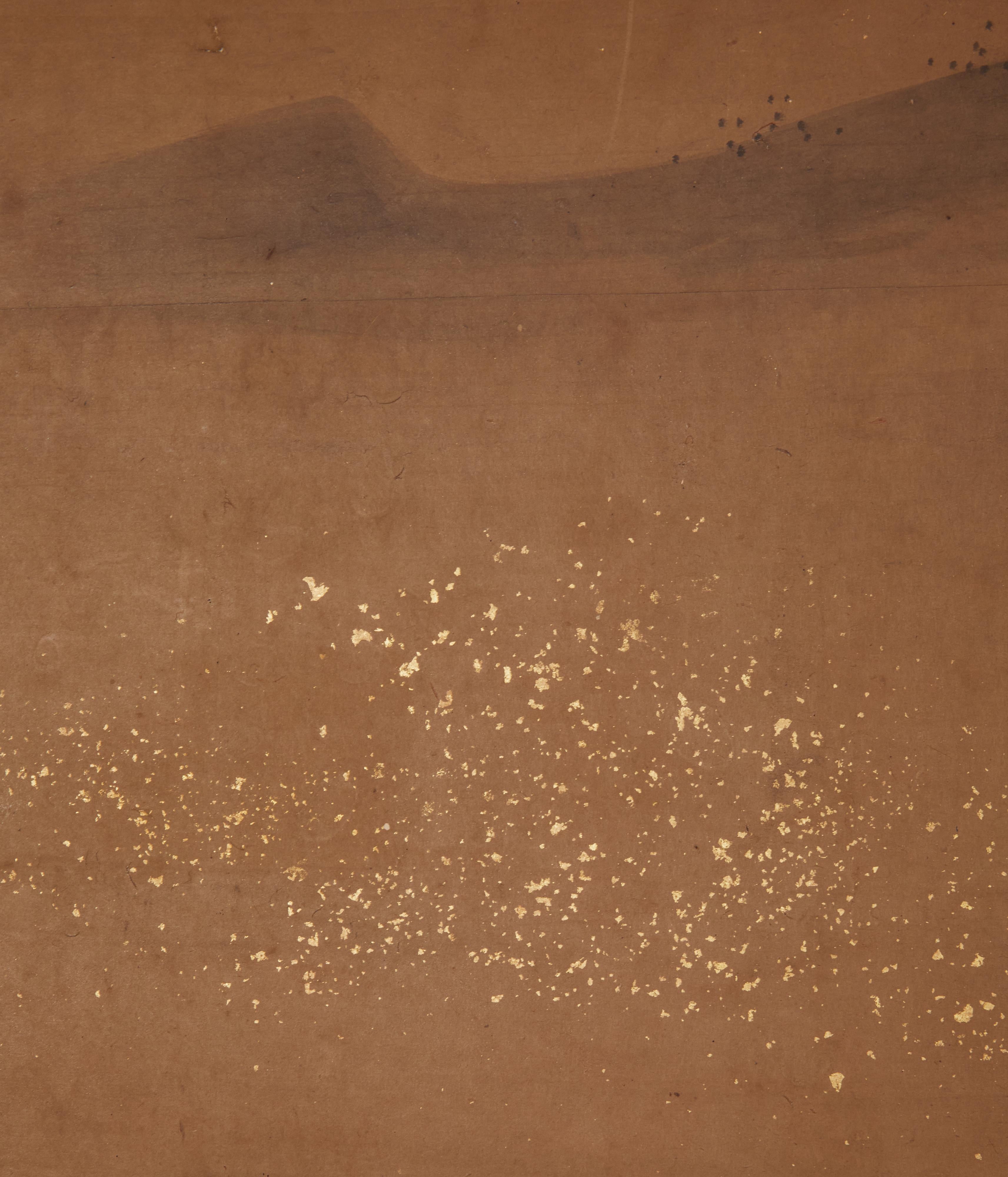 19th Century Japanese Two Panel Screen, Ink Landscape on Paper with Gold Dust For Sale