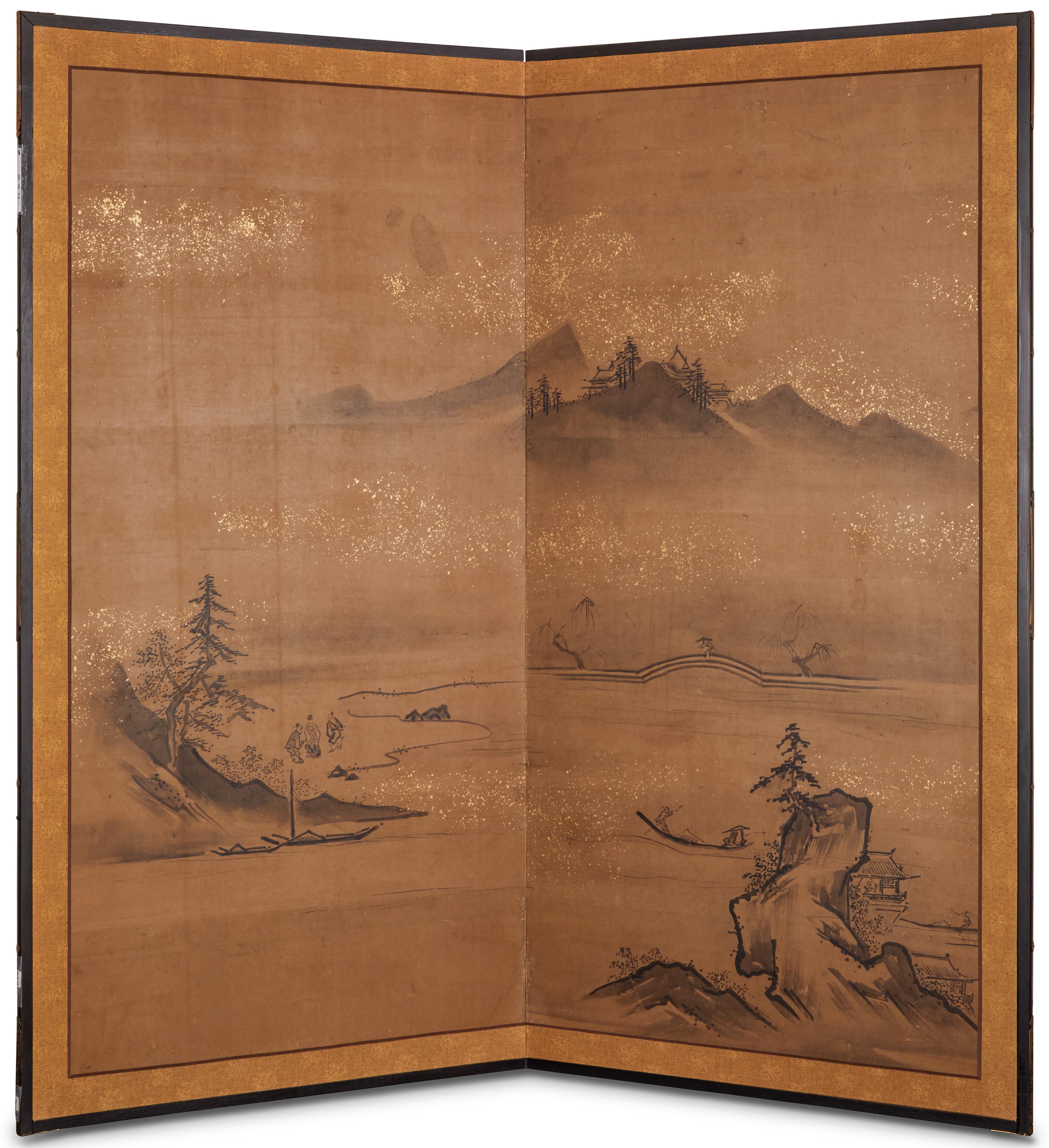 Japanese Two Panel Screen, Ink Landscape on Paper with Gold Dust For Sale 2
