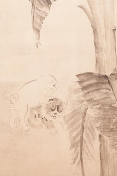 Japanese Two Panel Screen Ink Painting of Banana Leaves on Mulberry Paper