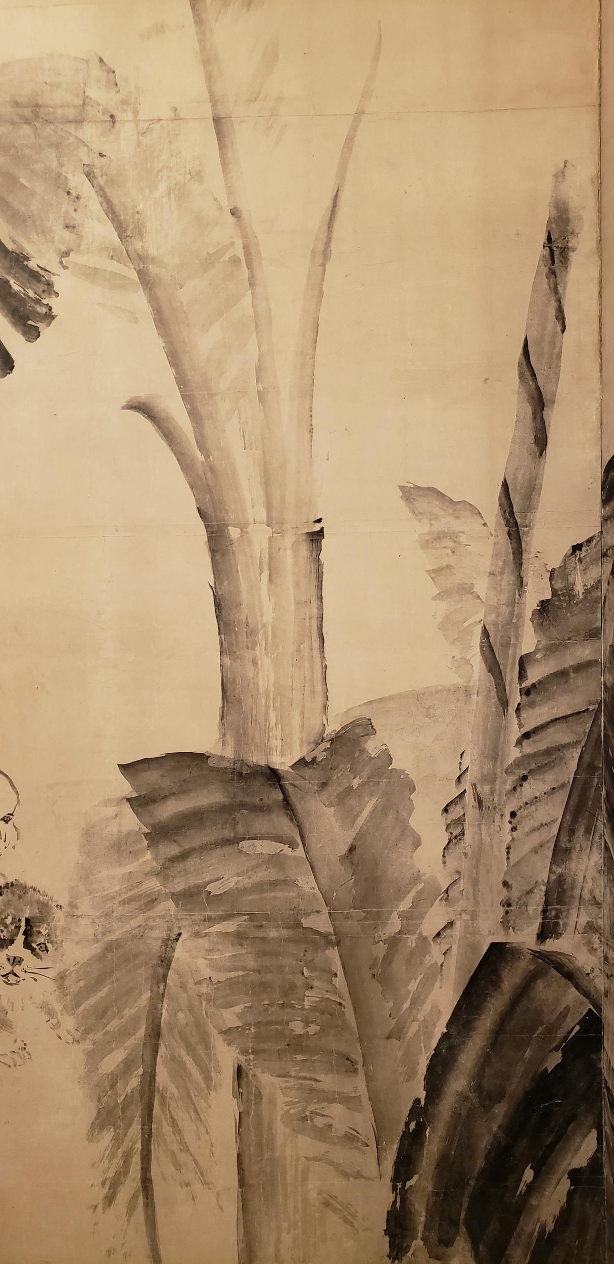 Japanische Zwei-Tafel-Siebdruck-Tintenmalerei von Bananenblättern auf Mulberry-Papier (Edo) im Angebot