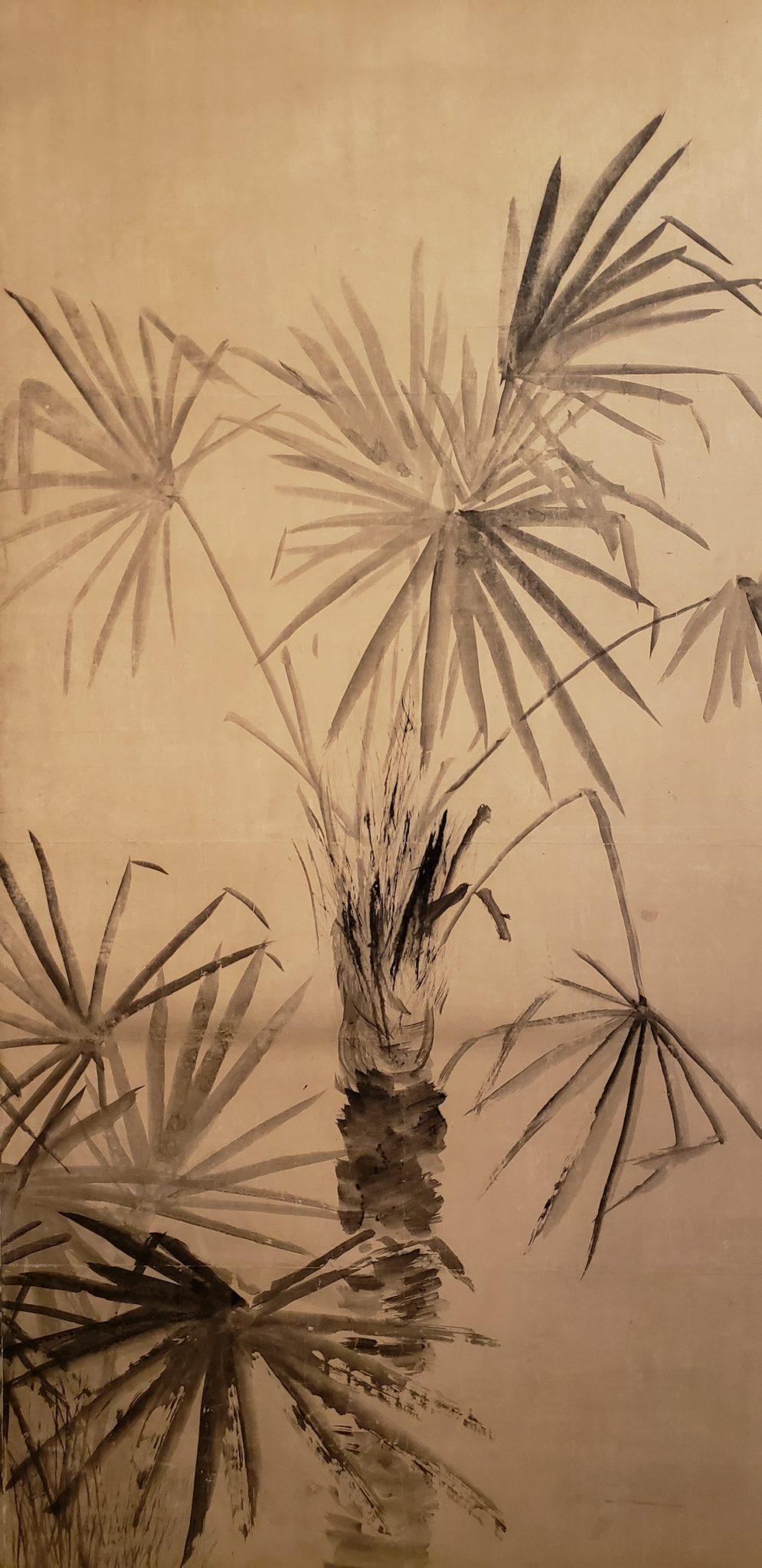 Japanese two-panel screen: ink painting of Palm Trees on paper, Edo period (1787) beautiful painting of Japanese windmill palm trees. Ink painting (sumi-e) on mulberry paper. Signature reads: Okyo. Pair available, sold separately.