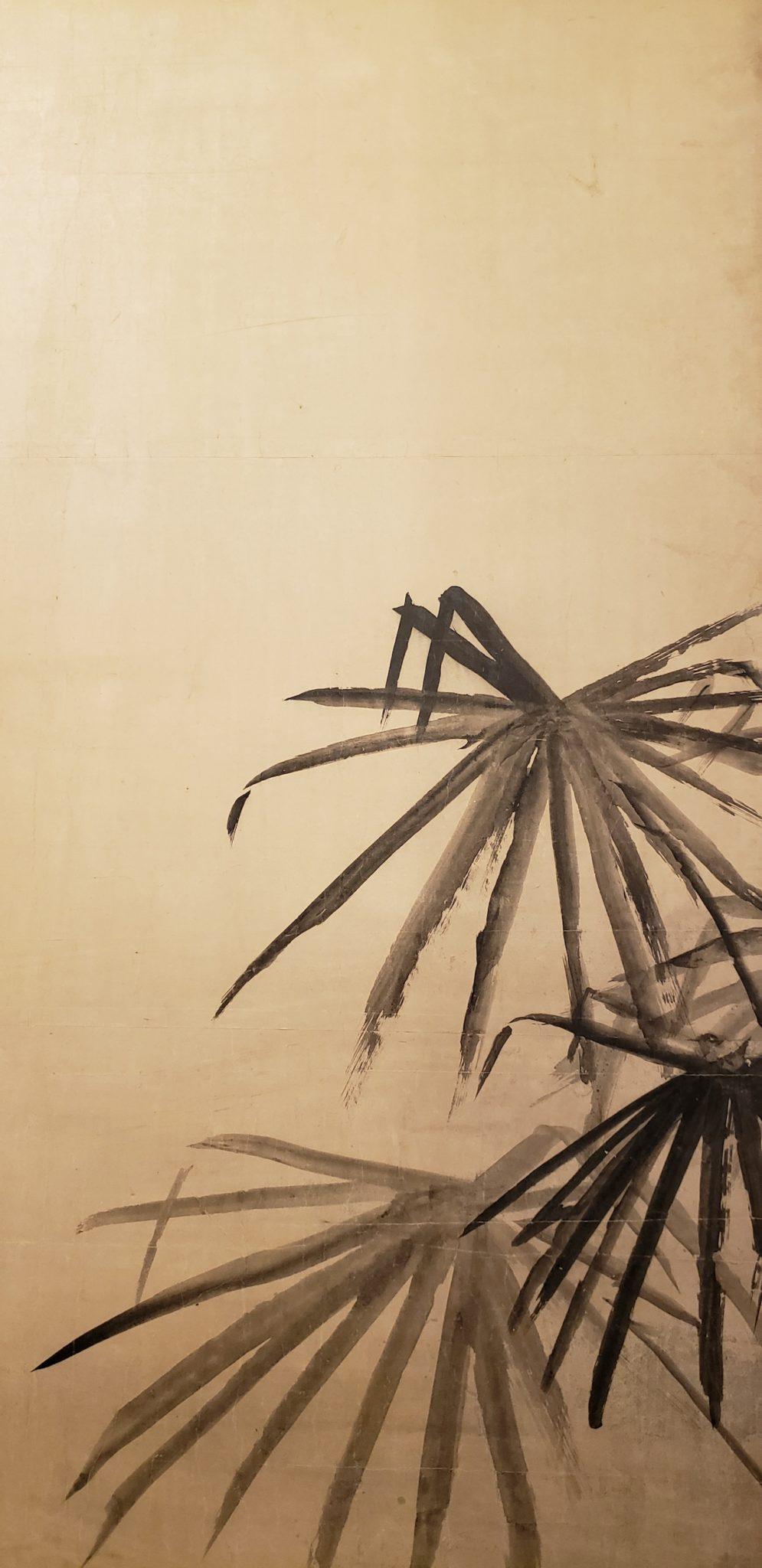 Edo Peinture à l'encre de paravent japonais à deux panneaux sur papier représentant des palmiers en vente