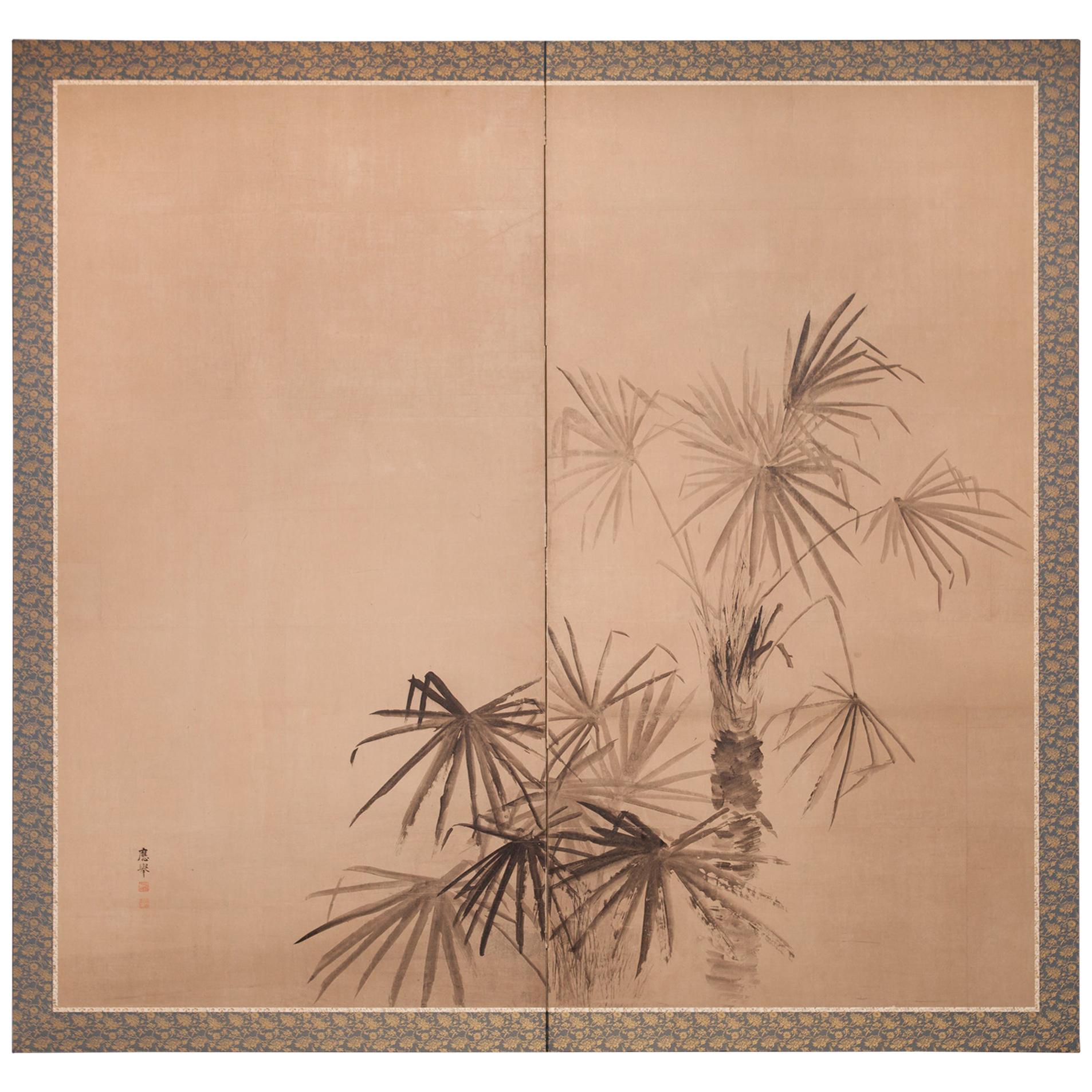 Japanese Two-Panel Screen Ink Painting of Palm Trees on Paper