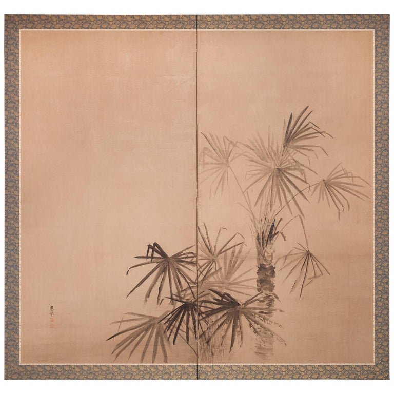 Japanese Two-Panel Screen Ink Painting of Palm Trees on Paper For Sale