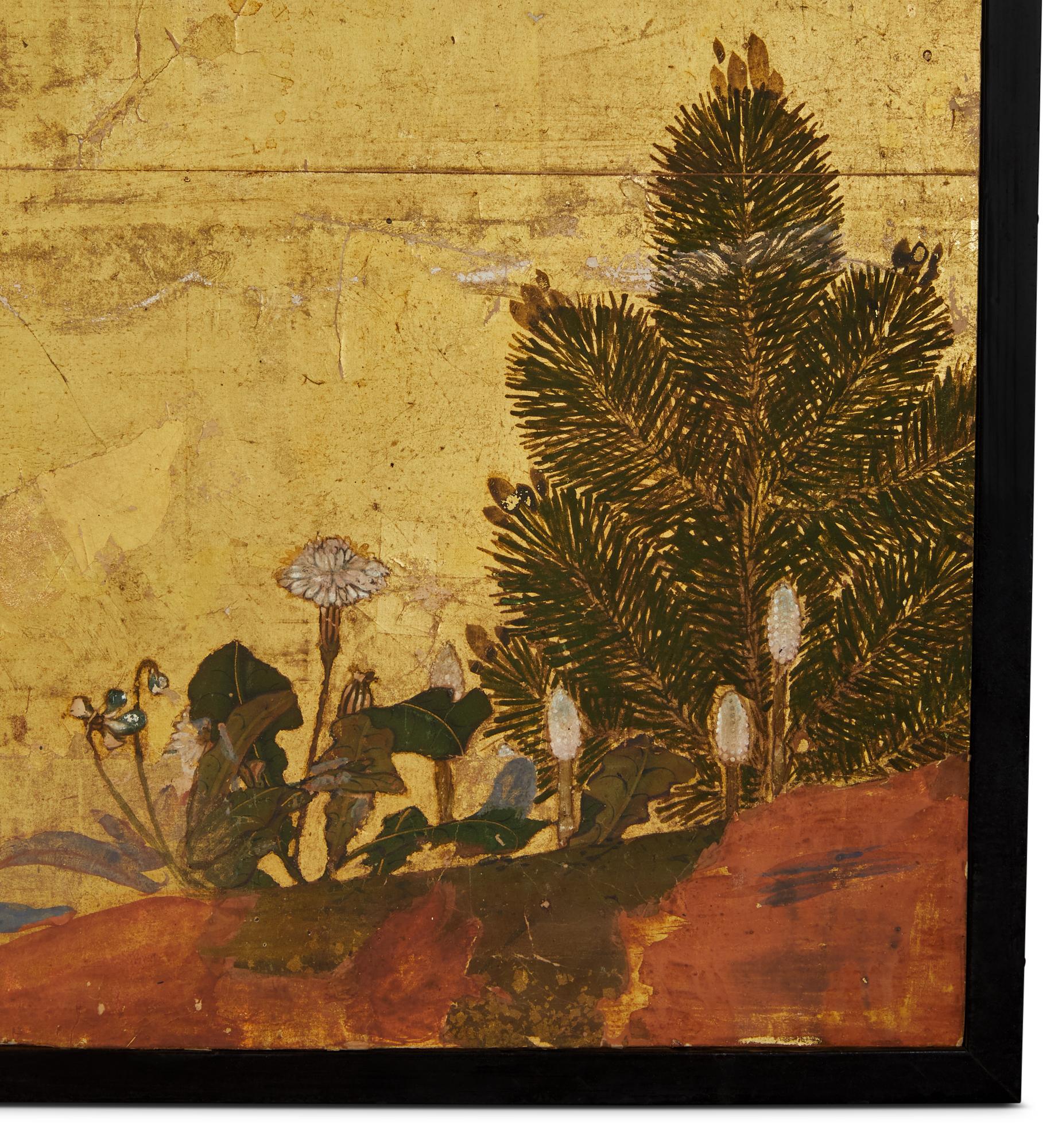 Pigmenti minerali e foglia d'oro su carta di gelso con finiture in lacca nera. 