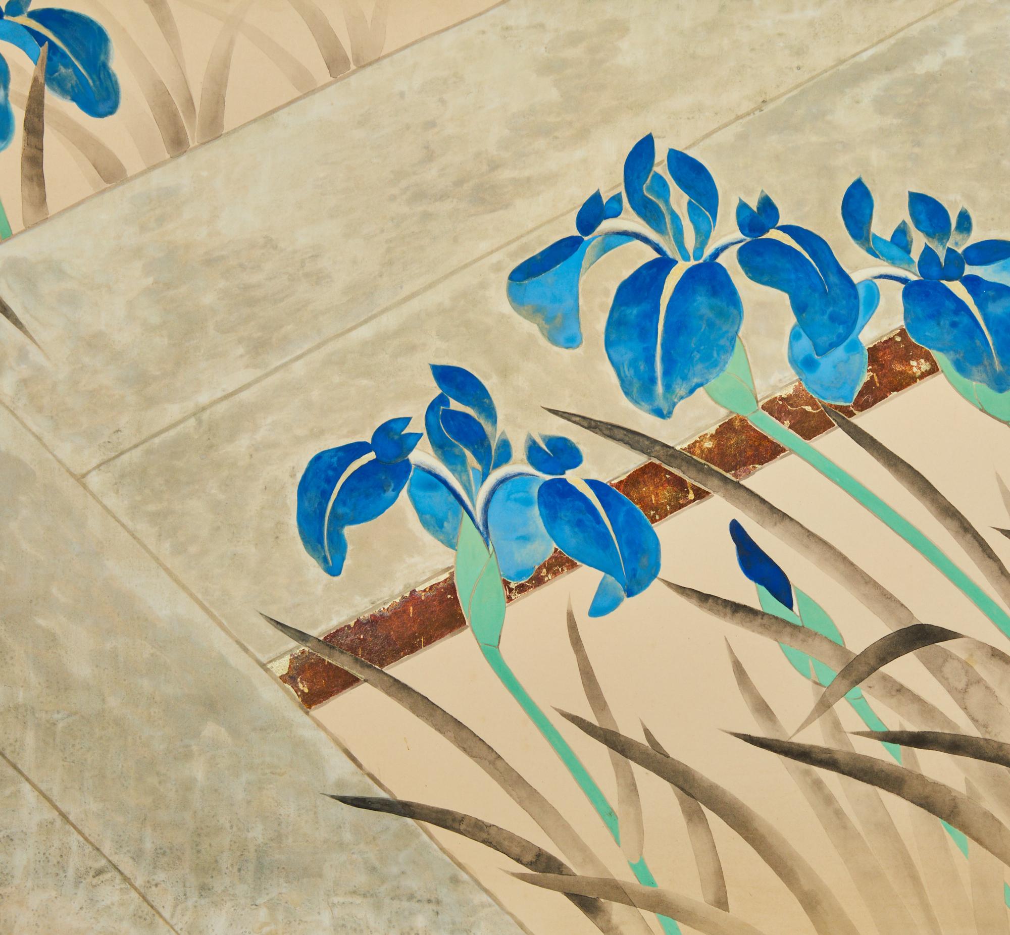 Japanese Two Panel Screen: Irises Along a Raised Garden Walkway In Good Condition For Sale In Hudson, NY