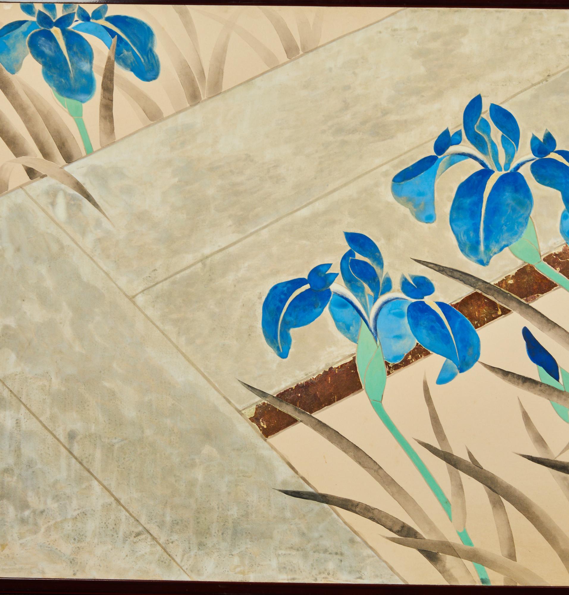 Lacquer Japanese Two Panel Screen: Irises Along a Raised Garden Walkway For Sale
