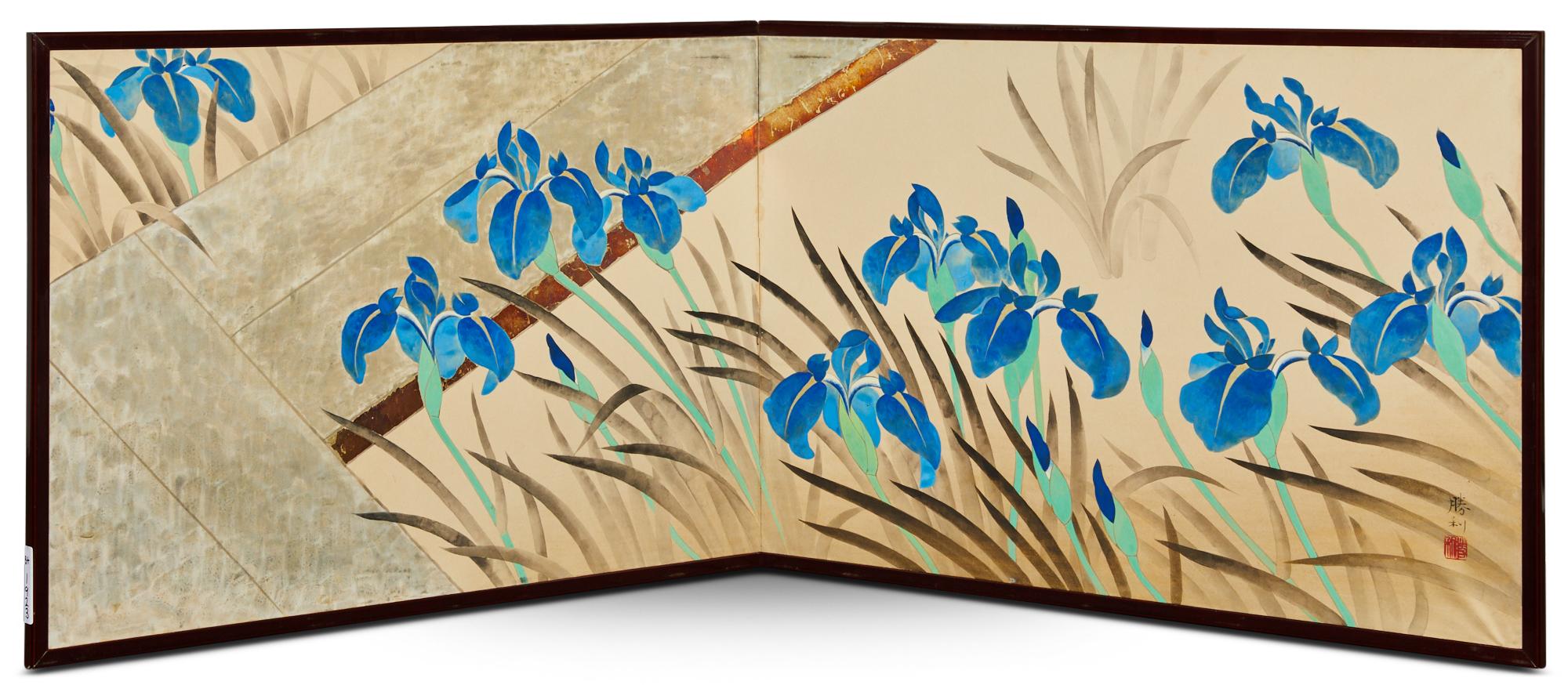 Japanese Two Panel Screen: Irises Along a Raised Garden Walkway For Sale 3