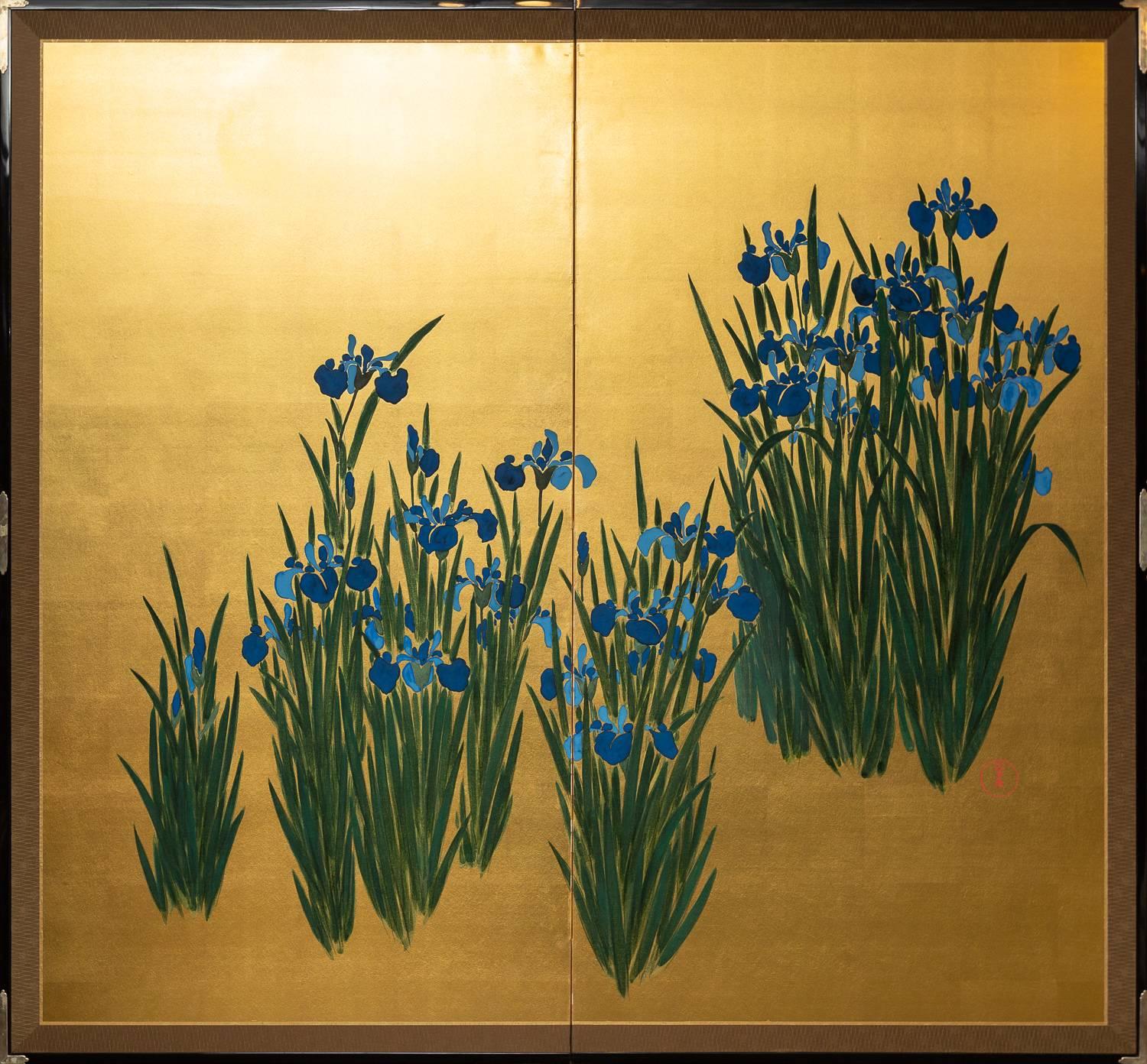 Japanese Two Panel Screen: Irises on Gold
Showa period (1926 - 1989) painting, beautifully mounted with silvered hardware.  Seal reads: Eishun.  Mineral pigments on gold with a silk brocade border.