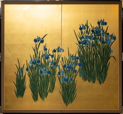 Japanese Two Panel Screen: Irises on Gold