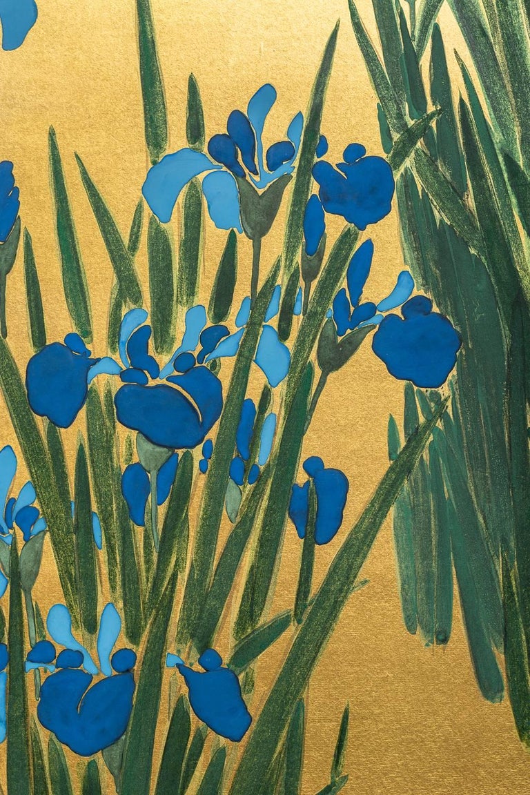 Japanese Two Panel Screen Irises on Gold For Sale at 1stDibs