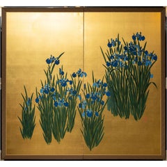 Japanese Two Panel Screen: Irises on Gold