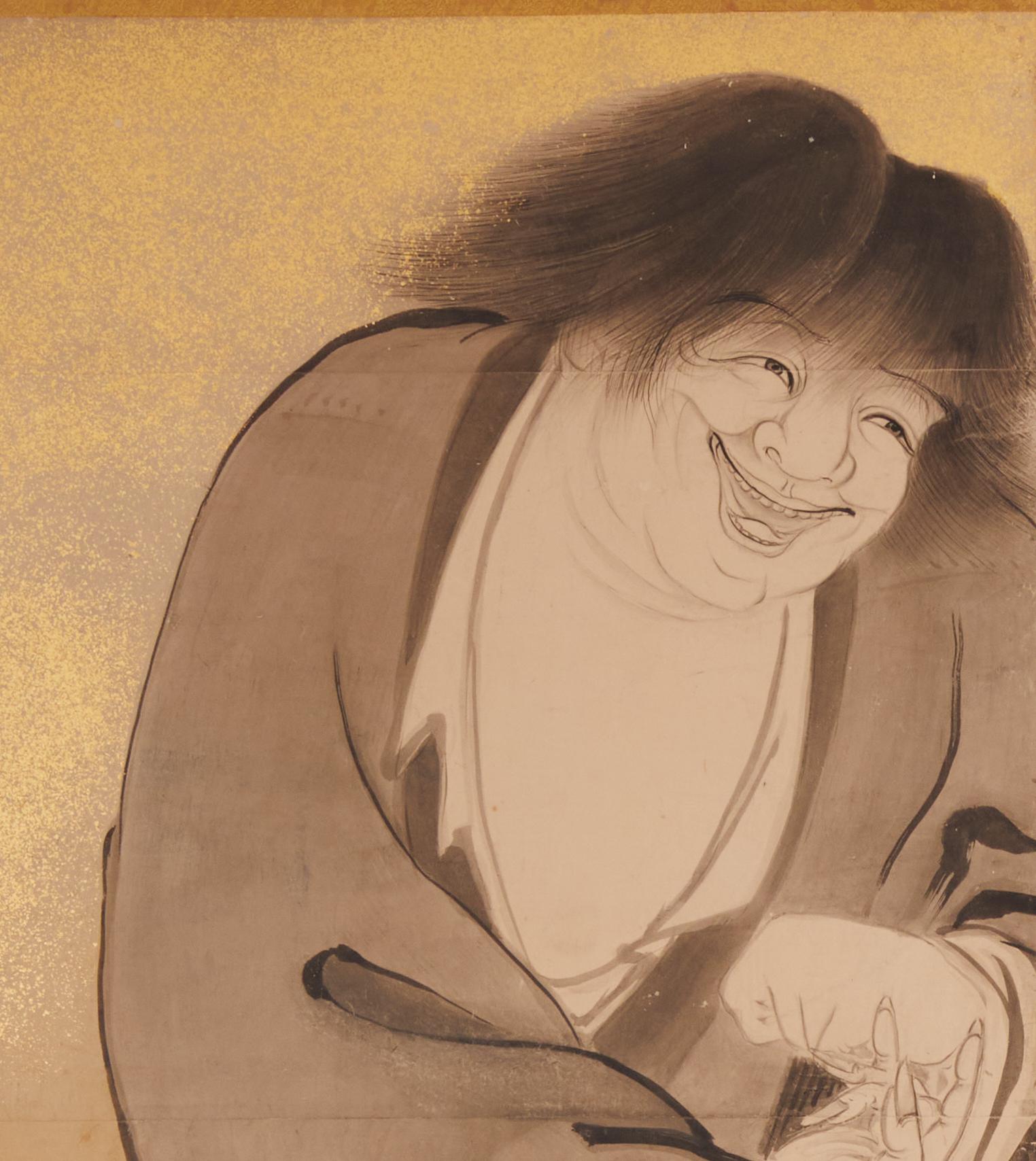 Personnages importants du folklore japonais.  Le sage-poète chinois Kanzan est représenté avec son rouleau, et le sage taoïste Jittoku avec son balai. La peinture porte deux sceaux de Nakanuma Shokado (1584-1639) indiquant 