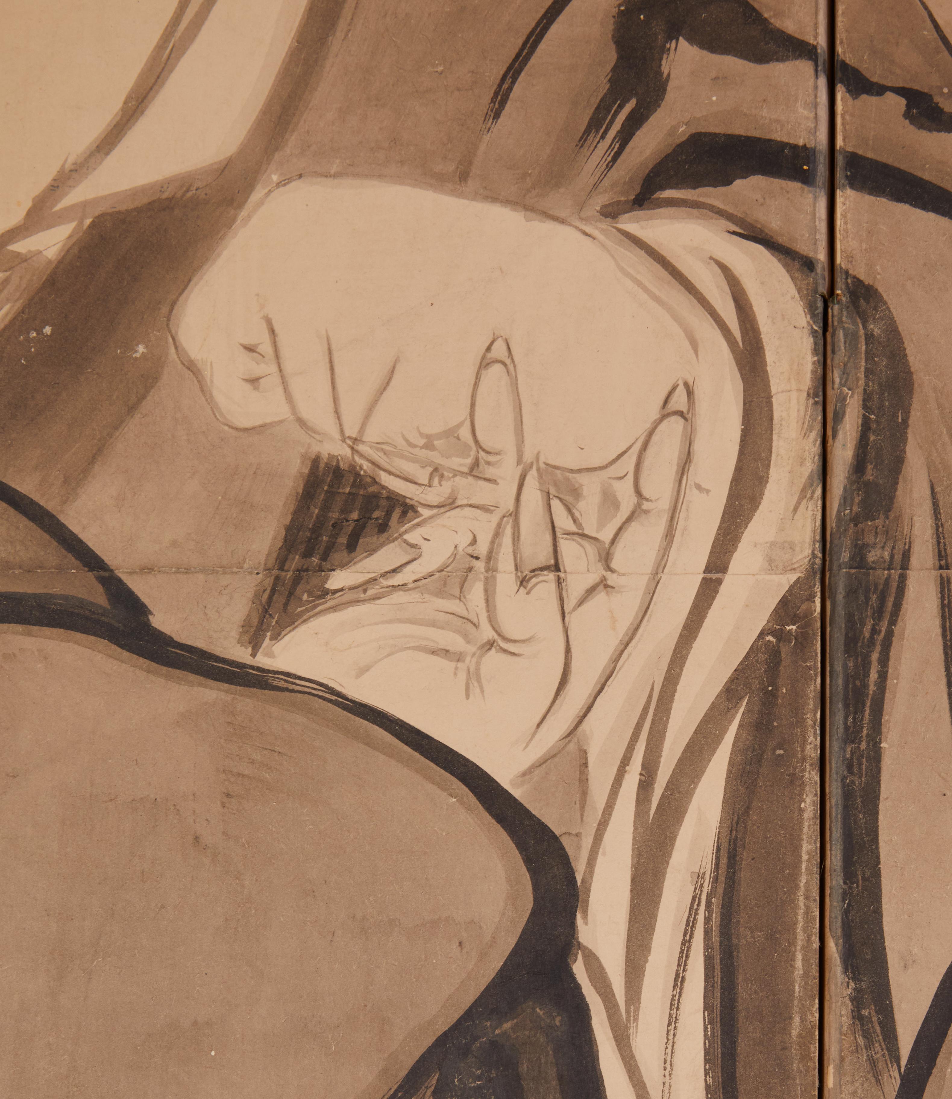 XIXe siècle Écran à deux panneaux japonais : Kanzan et Jittoku en vente