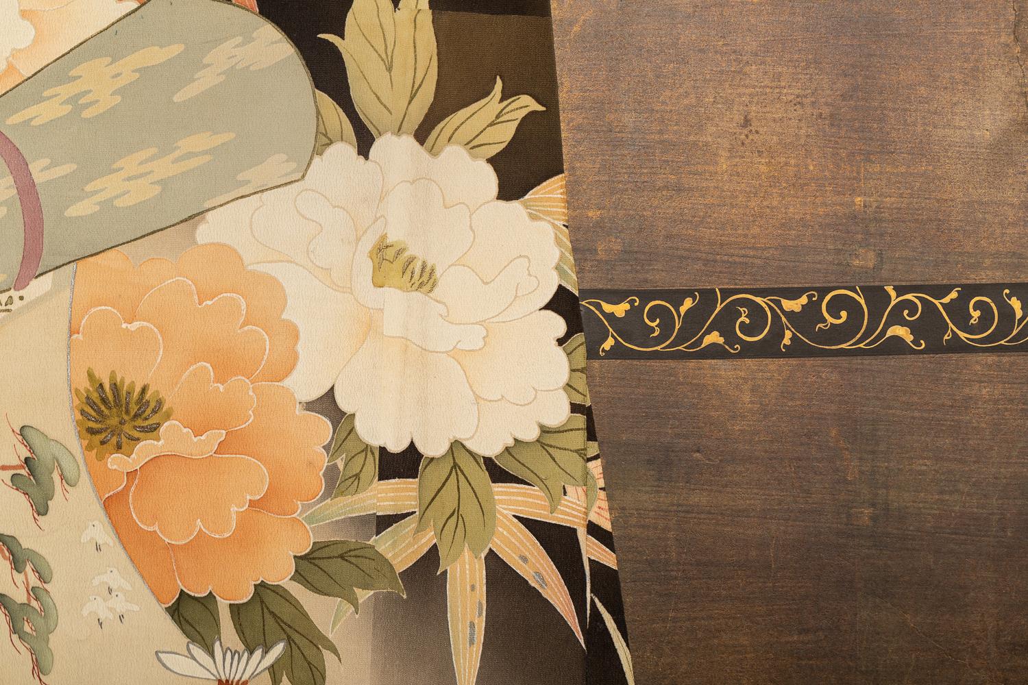 Hand-Painted Japanese Two Panel Screen: Kimono on Rack