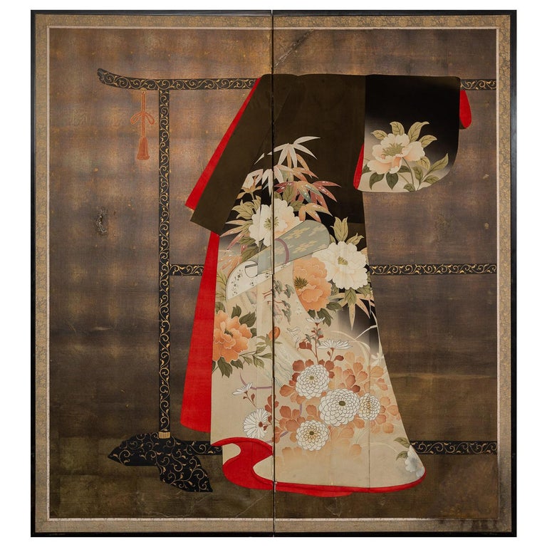 Japanese Two Panel Screen: Kimono on Rack at 1stDibs
