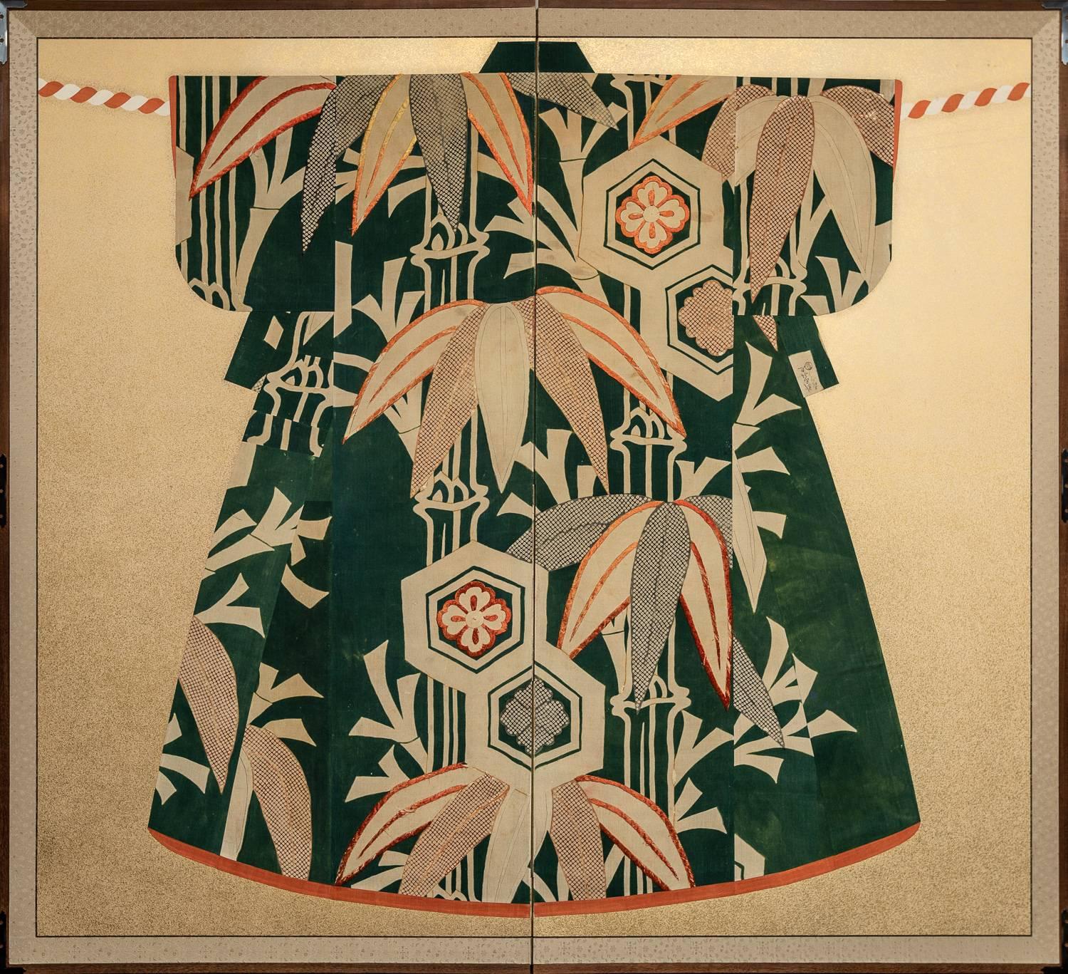 Japanese Two Panel Screen: Late Nineteenth Century Kimono Fabric Mounted on Early Twentieth Century Screen.  In the Heian period (eighth century to the twelfth century), noblemen would hang their kimonos on ropes as a temporary privacy screen (and