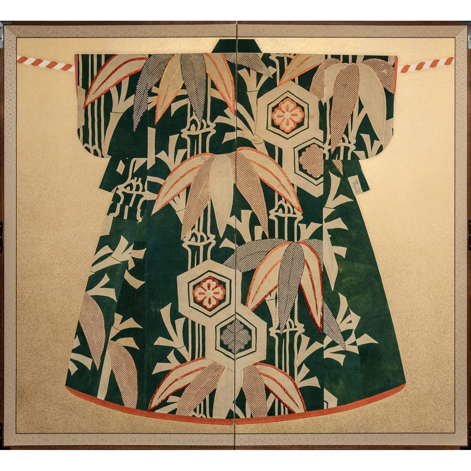 Paravent japonais à deux panneaux : tissu kimono ancien monté sur l'écran