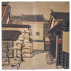 Japanese Two-Panel Screen Kyoto Town Street Scene