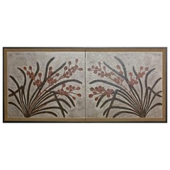 Japanese Two-Panel Screen Lacquer Painting on Canvas of Mirrored Flower Design