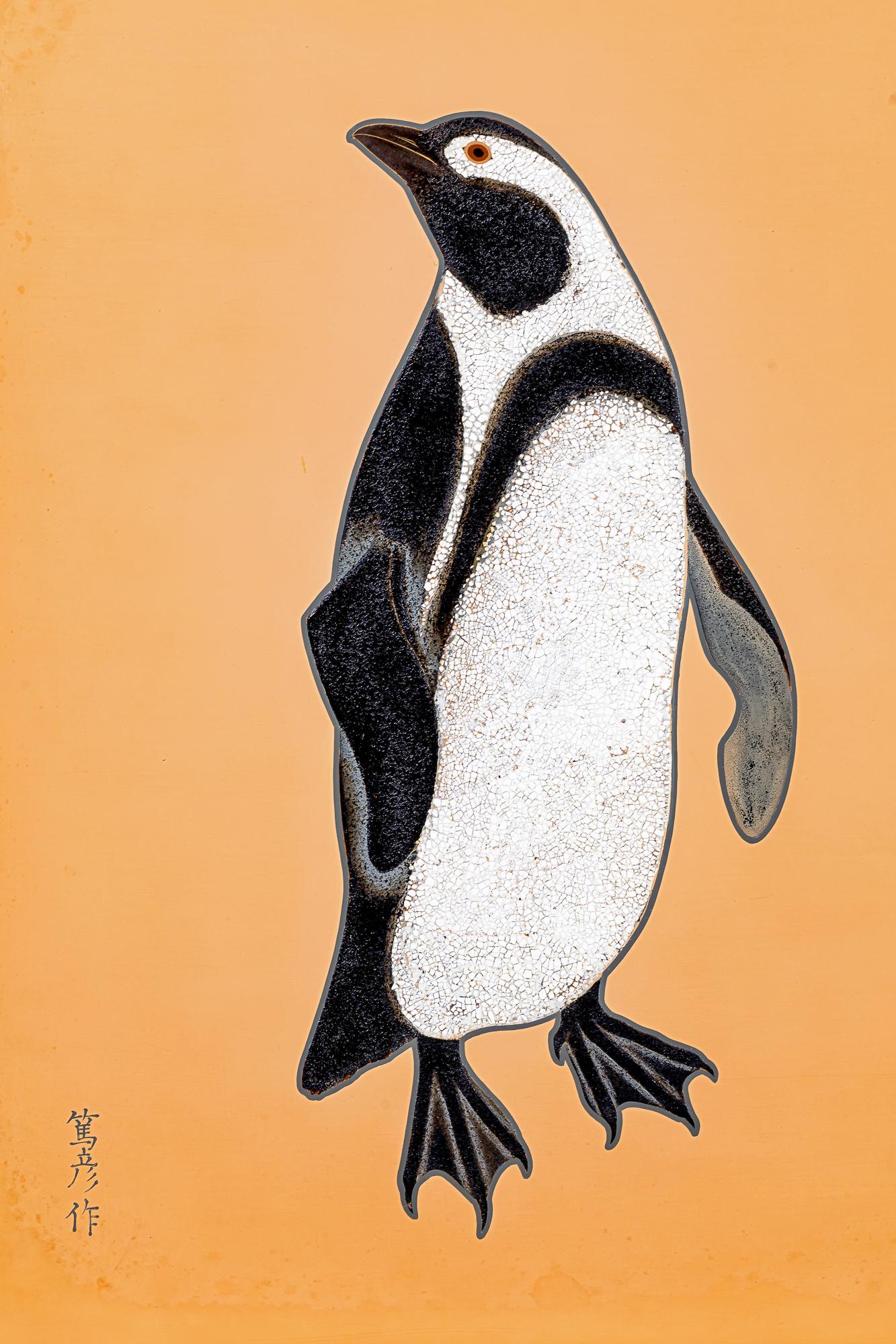 Beige ground lacquer with black and grey lacquer penguins with small pieces of shell making up white areas.  Lacquer on wood. Writing reads: Lacquer Screen By Izumi Atsuhiko. It was shown in the National Nitten Exhibition 11 in 1955 (Showa 30). See