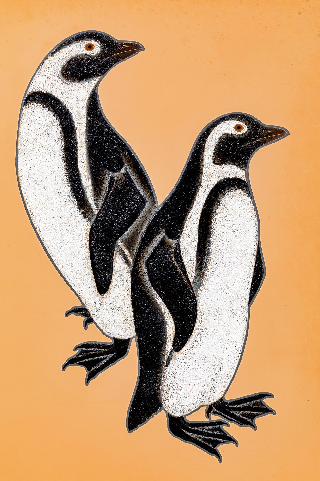 Japanese Two Panel Screen: Lacquer Penguins In Good Condition For Sale In Hudson, NY