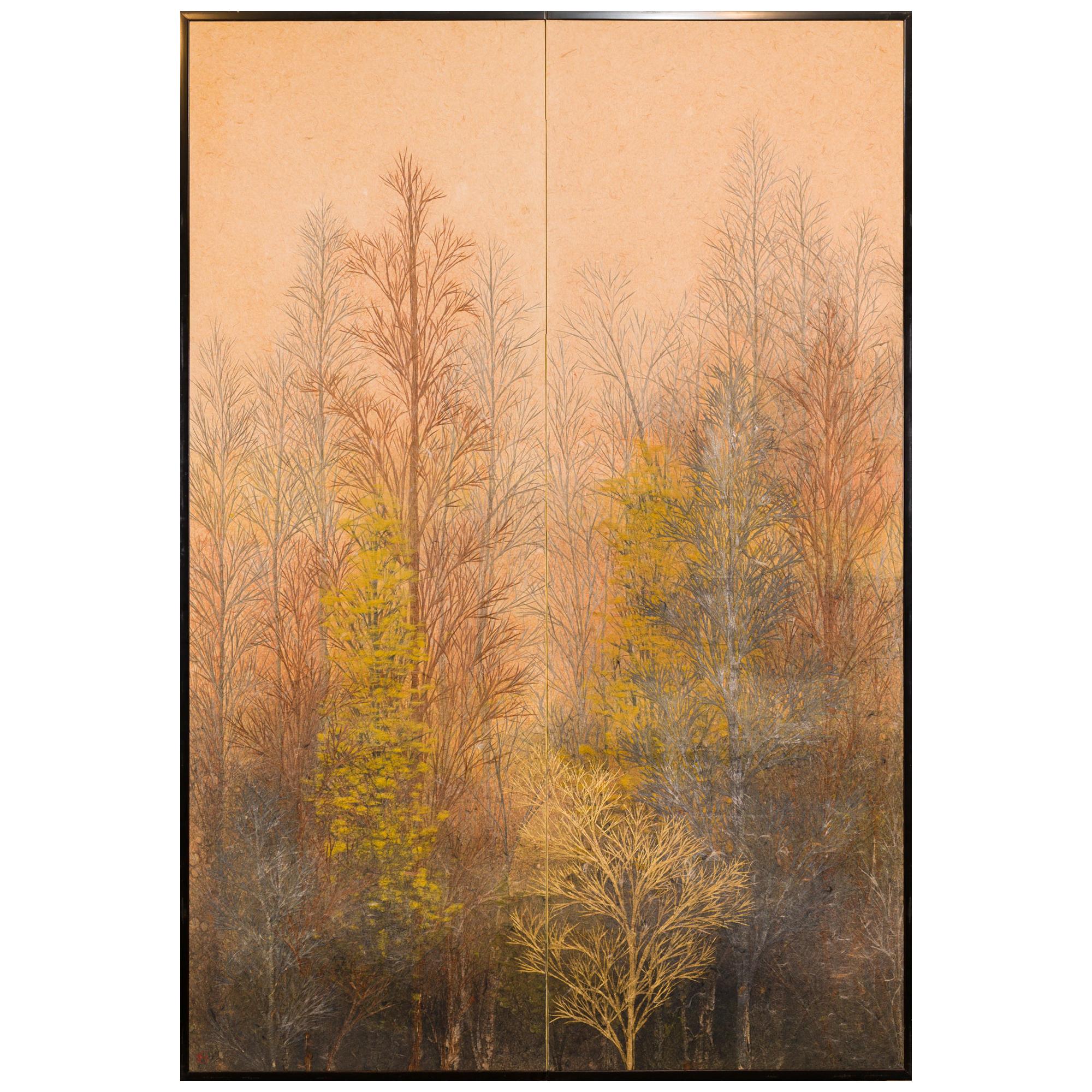 Japanese Two Panel Screen Late Autumn Forest, Rare Obara Paper Art Screen