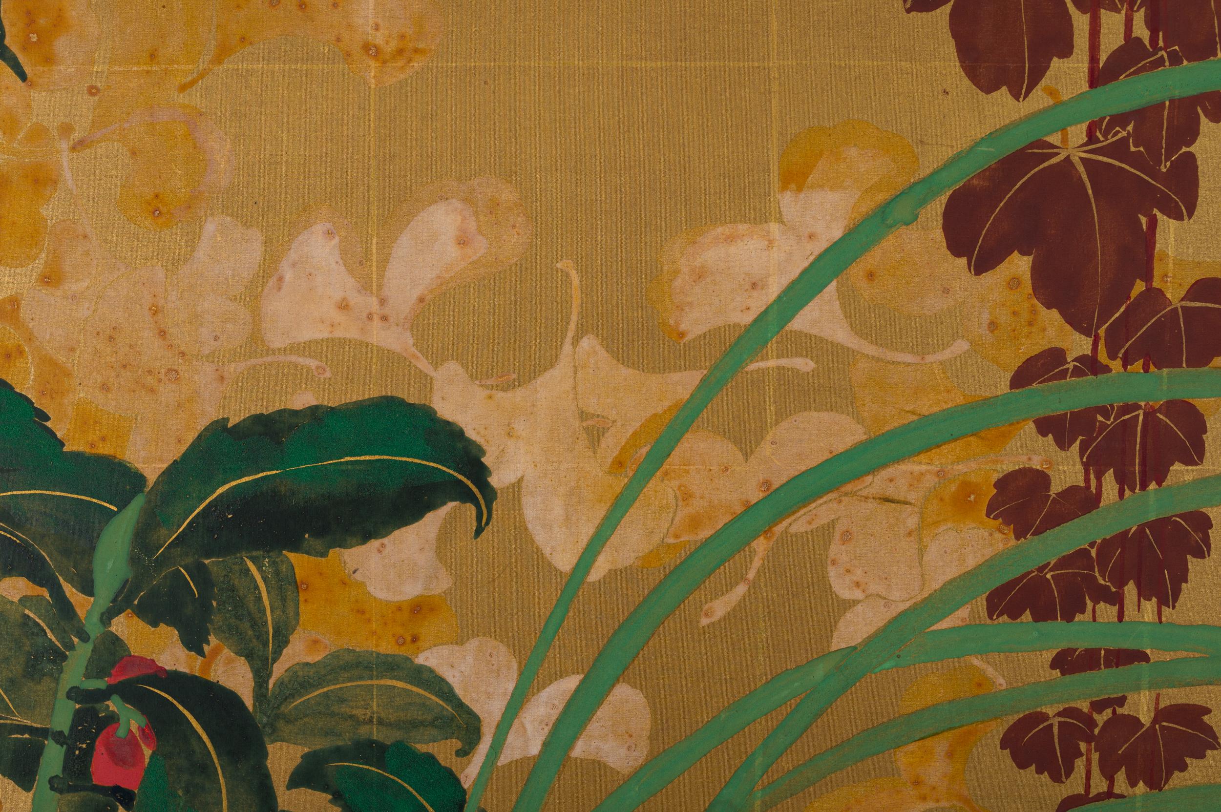 Japanese Two Panel Screen: Late Summer Into Fall, Taisho period (1912 - 1926) painting, featuring, hollyhocks, bellflowers, an autumn colored wood vine, chrysanthemums, and subtle falling ginko leaves in the background.  Painted in mineral pigments