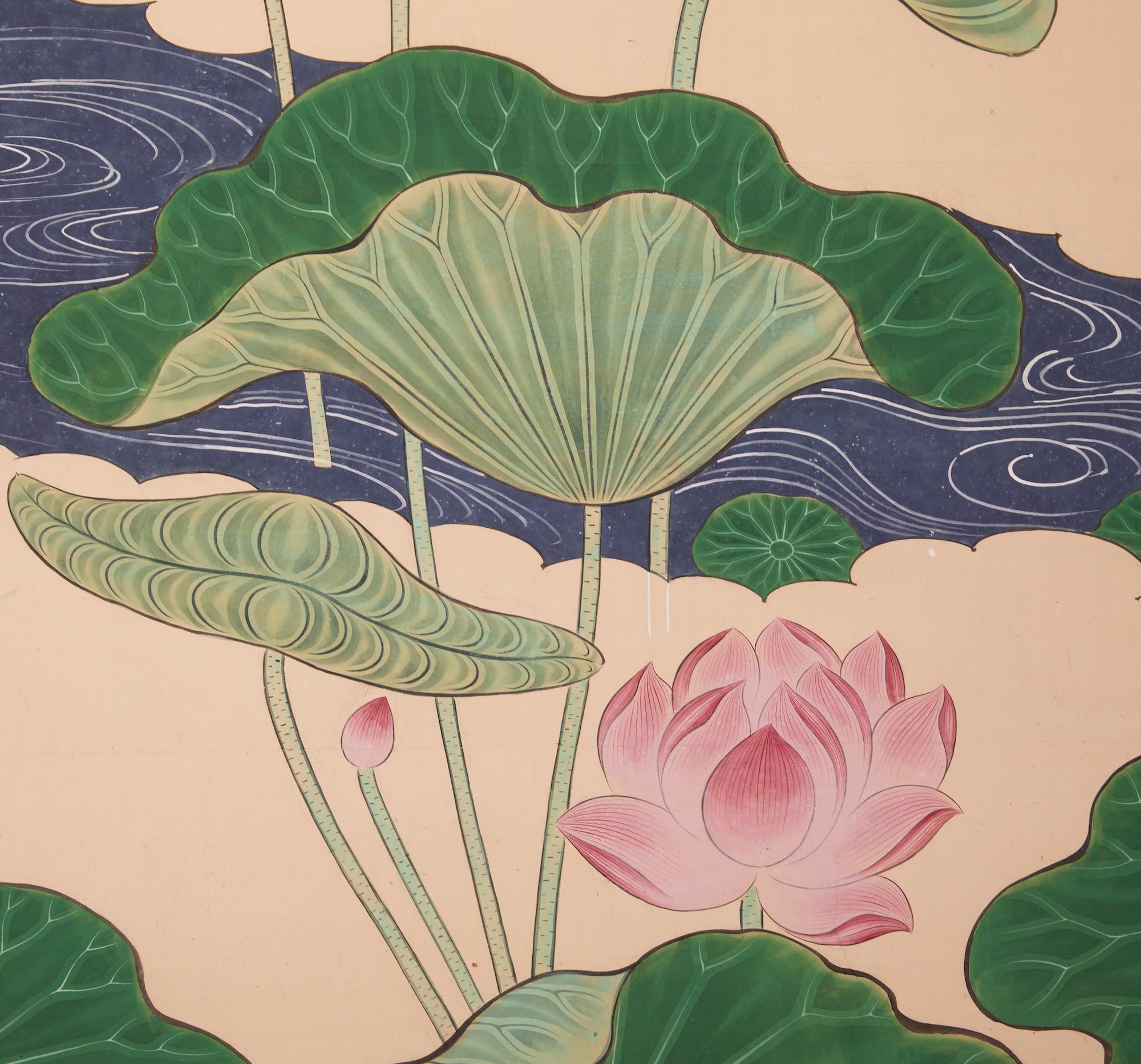 Japanese Two Panel Screen, Lotus Leaves and Blossoms In Good Condition For Sale In Hudson, NY