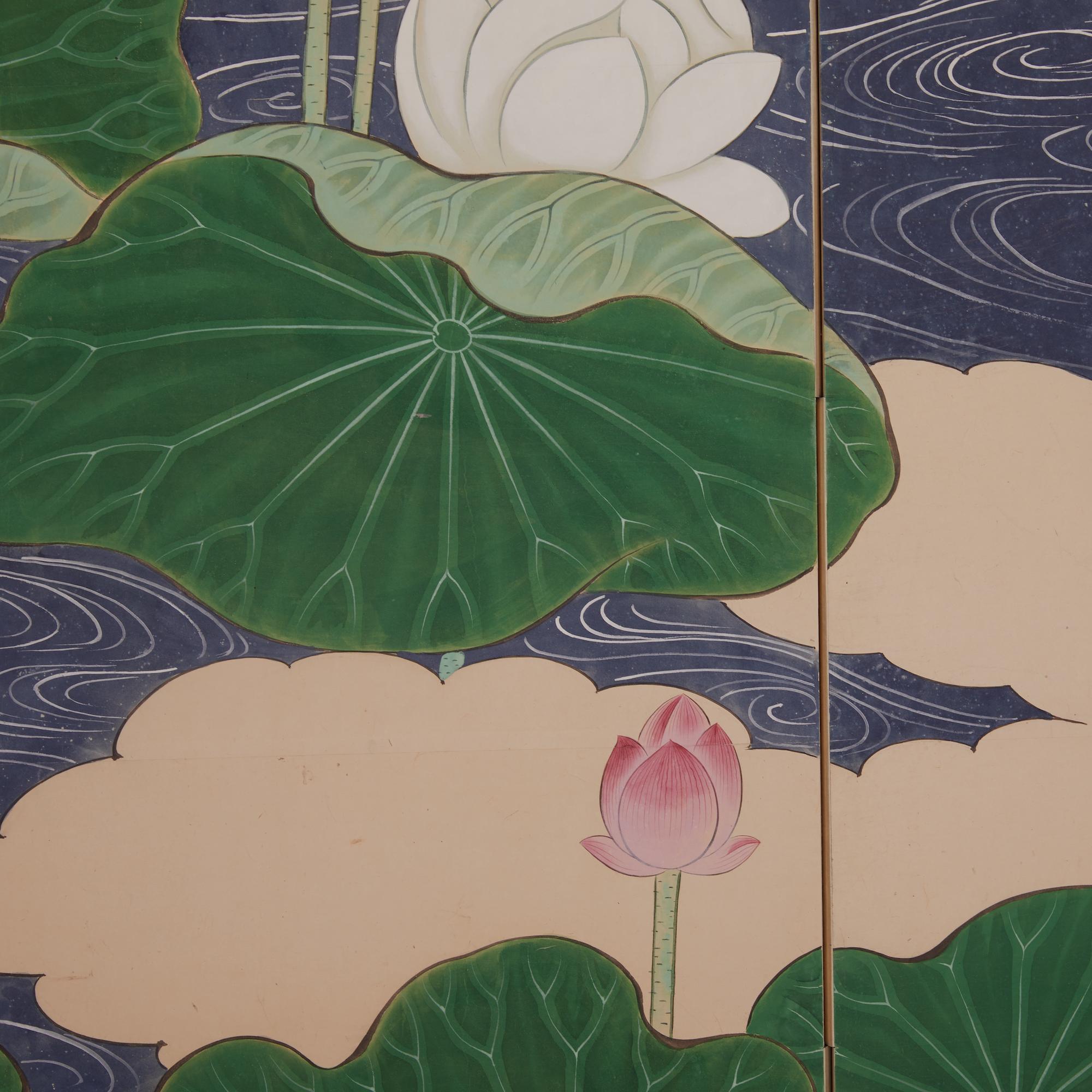 20th Century Japanese Two Panel Screen, Lotus Leaves and Blossoms For Sale