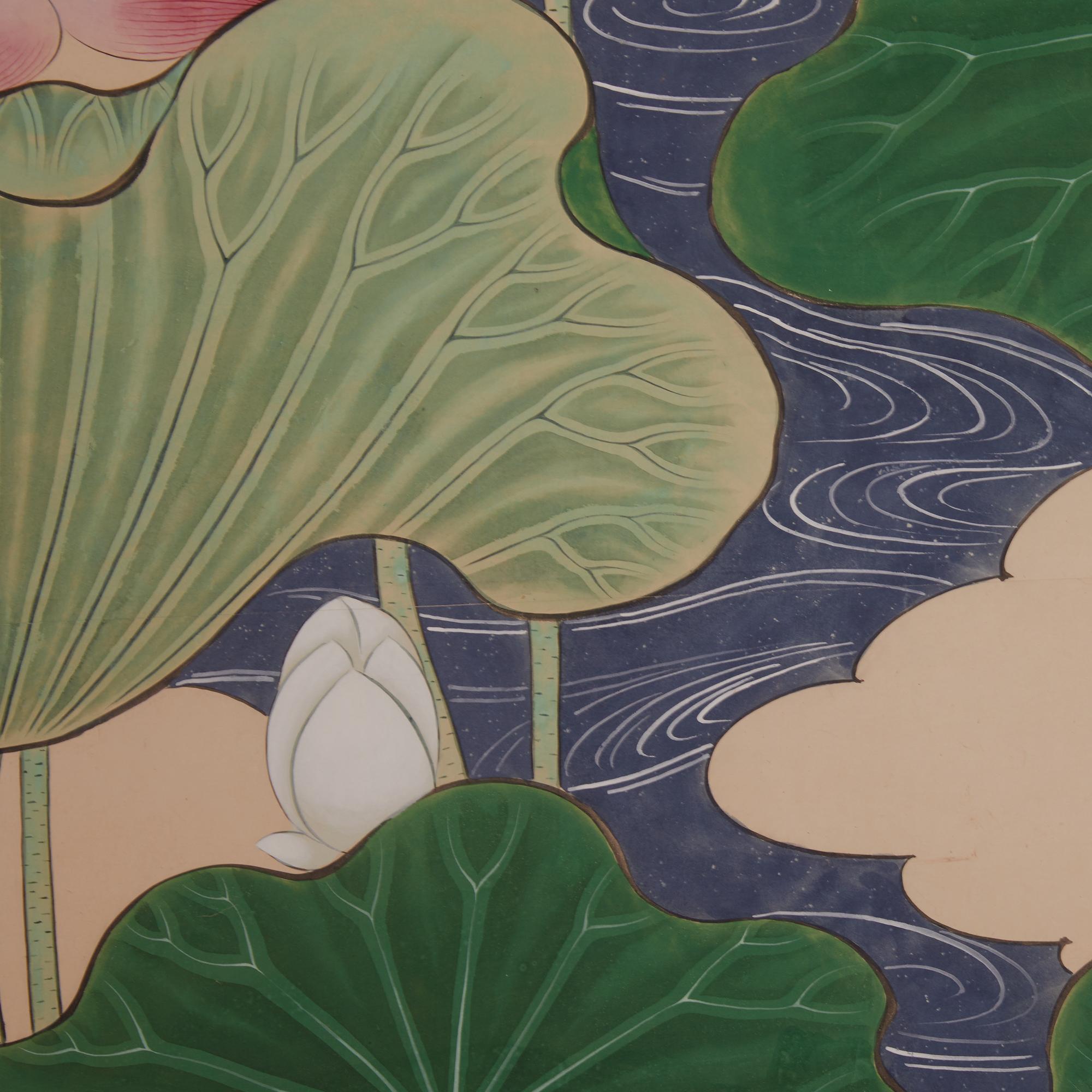 Japanischer Raumteiler mit zwei Tafeln: Lotusblätter und Blütenblätter  (Holz) im Angebot