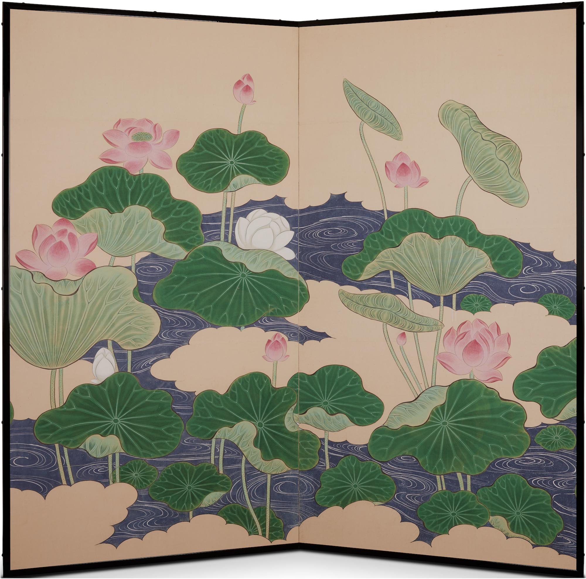 Japanese Two Panel Screen, Lotus Leaves and Blossoms For Sale 2