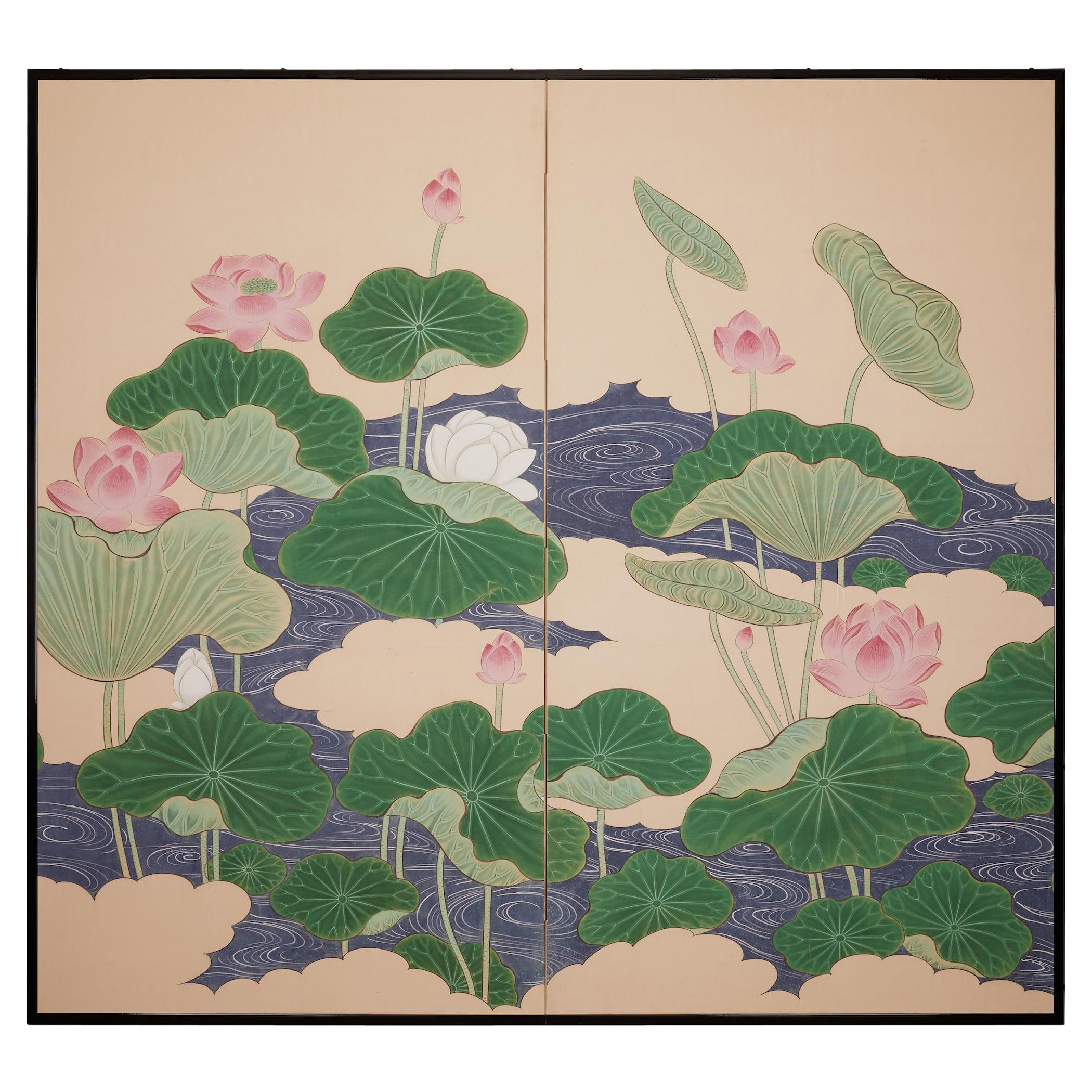 Paravent japonais à deux panneaux : feuilles et fleurs de lotus