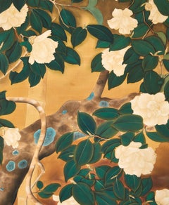 Japanischer Zwei-Panel-Bildschirm: Blühender Magnolienbaum