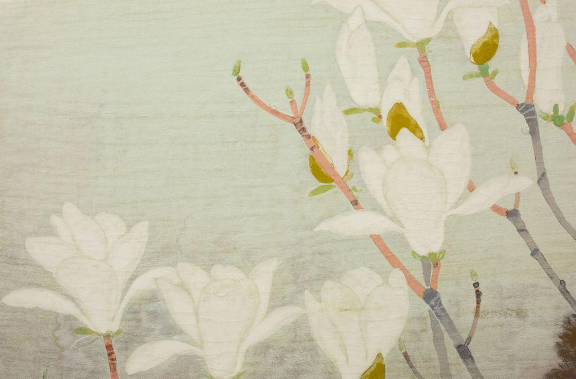 Early 20th Century Japanese Two-Panel Screen, Magnolia Tree in Bloom